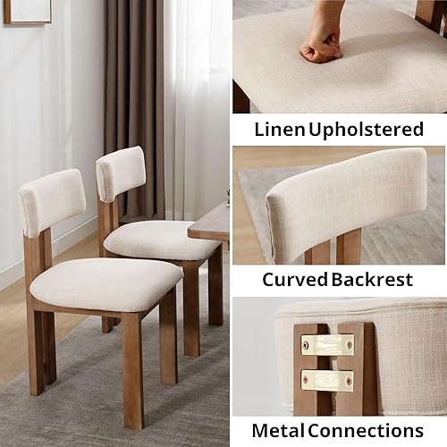 Miniatura 5 de Juego de 6 Sillas de Comedor de Madera con Lino, Sillas Modernas de Estilo Casa de Campo para Comedor y Cocina con Respaldo Curvado y Patas de Lino