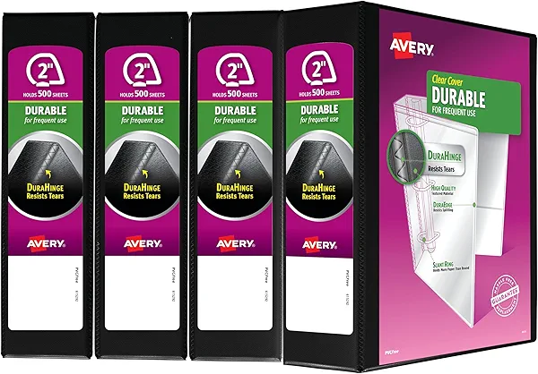 Avery Durable View 3 Ring Binder, 2 Inch Slant Rings, 4 Black Binders (17031)