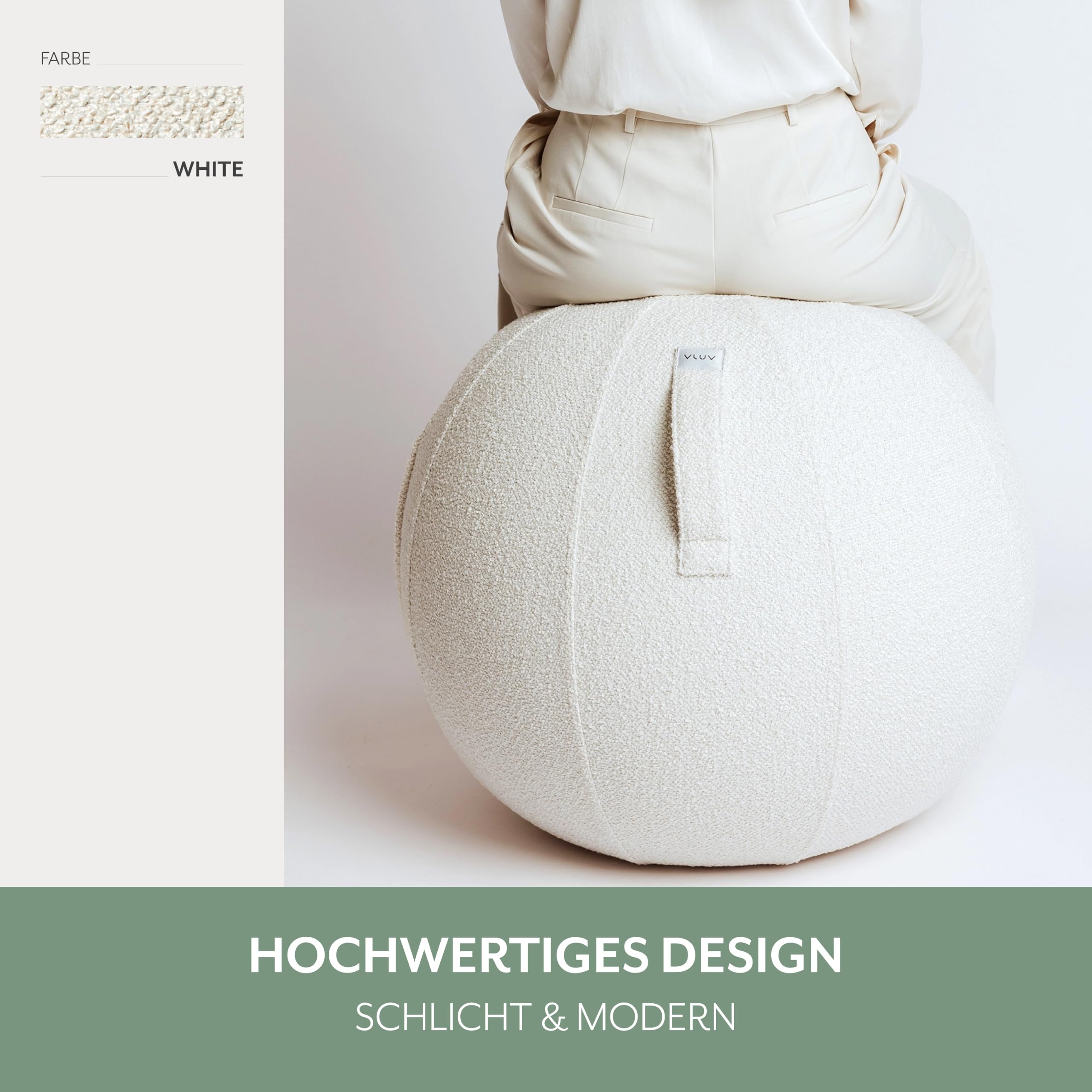 VLUV® BOL Diva Sitzball mit Bouclé Stoffbezug White (Weiß) Ø 60-65cm