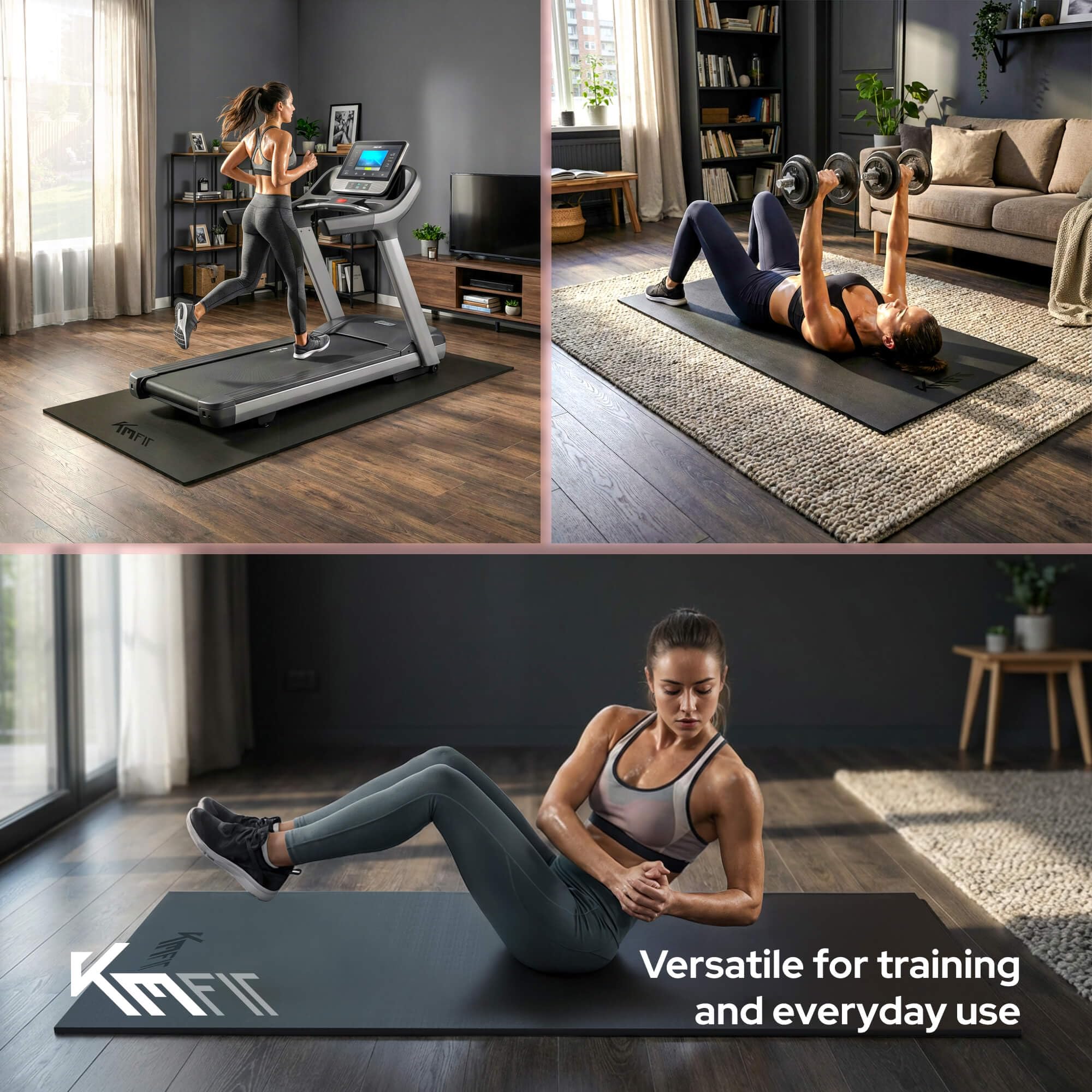 KM-Fit Esterilla Protectora Fitness | Alfombrilla Antideslizante para Aparatos de Gimnasio | Aislante Acústico y Antivibraciones | Yoga, Pilates y Ejercicio | 4 Tamaños Disponibles