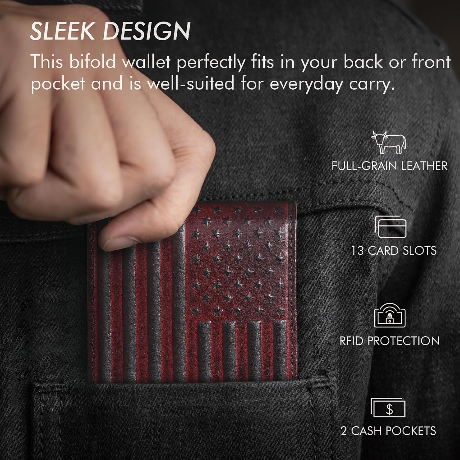 Full Grain Leather Wallet for Men, RFID Blocking, Mens Wallet Bifold with 2 ID Windows, Billfold with 13 Card Slots, Leather Gift for Men, American Flag Wallet Red - Image 6