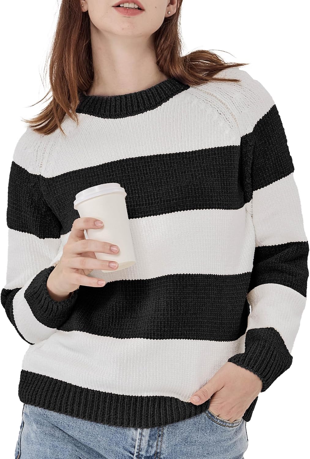 Simple&Opulence Women's Chenille Sweater Crewneck Long Sleeve Pullover Ribbed Cuff Hem Round Neck Jumper Tops
