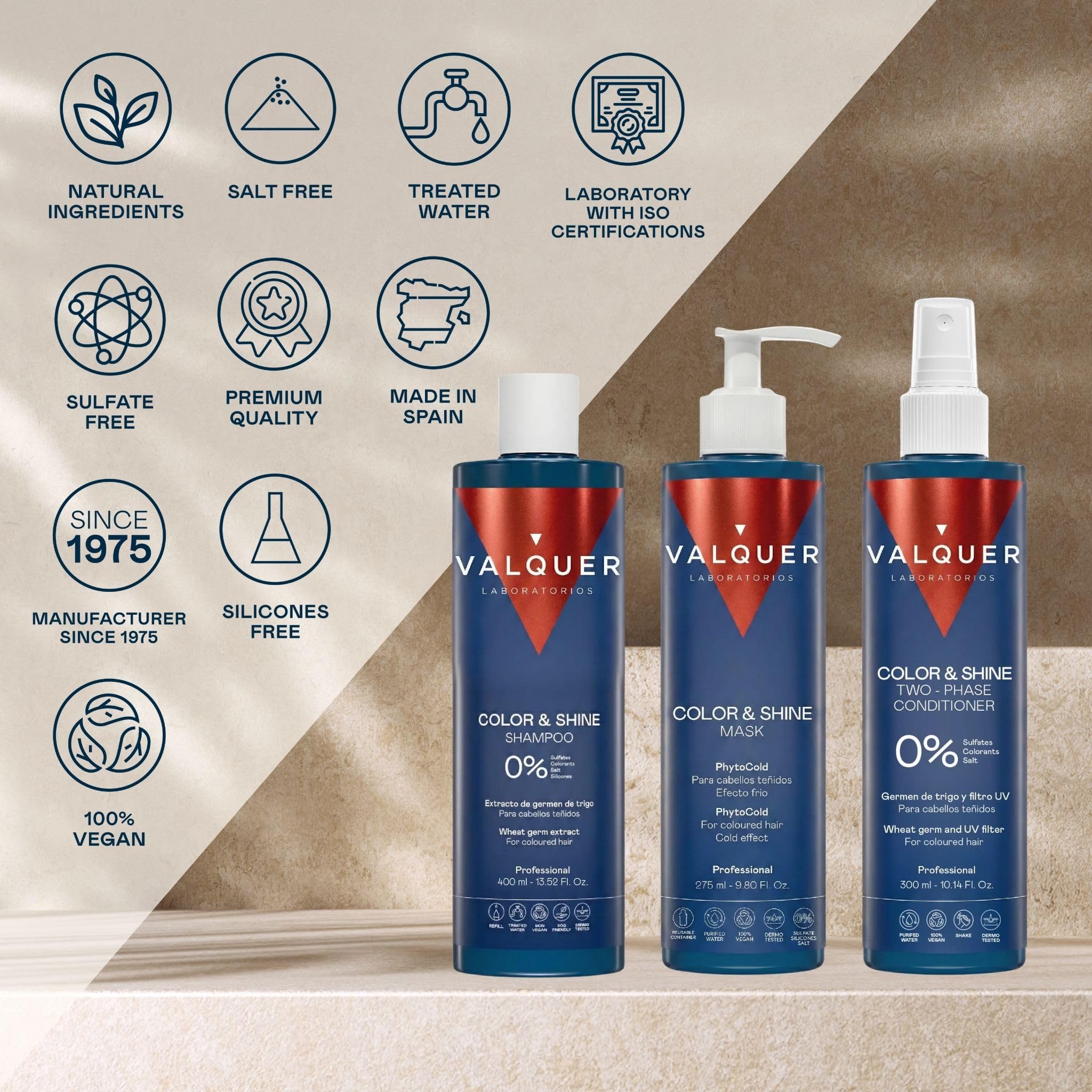 Valquer Pack Potenciador Color y Brillo para Cabello Teñido | 875 ml | Champú 400 ml, Mascarilla 275 ml y Acondicionador Bifásico 300 ml | Fórmula Zero con Extracto de Germen de Trigo | Vegano