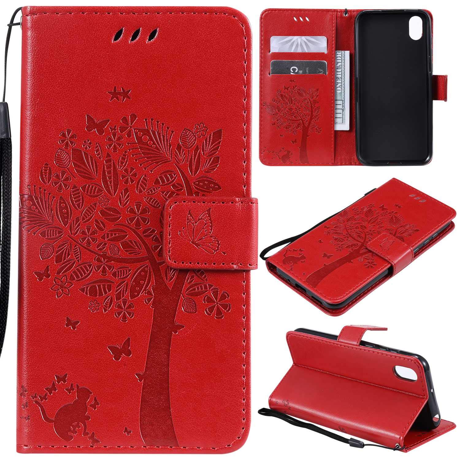 Conber Cover per Huawei Honor 8S / Huawei Y5 2019, Custodia in Pelle PU con TPU Antiurto, Serie Gatto e Albero Flip Case Cover Custodia Portafoglio per Huawei Honor 8S / Huawei Y5 2019 - Rosso - Vista 2