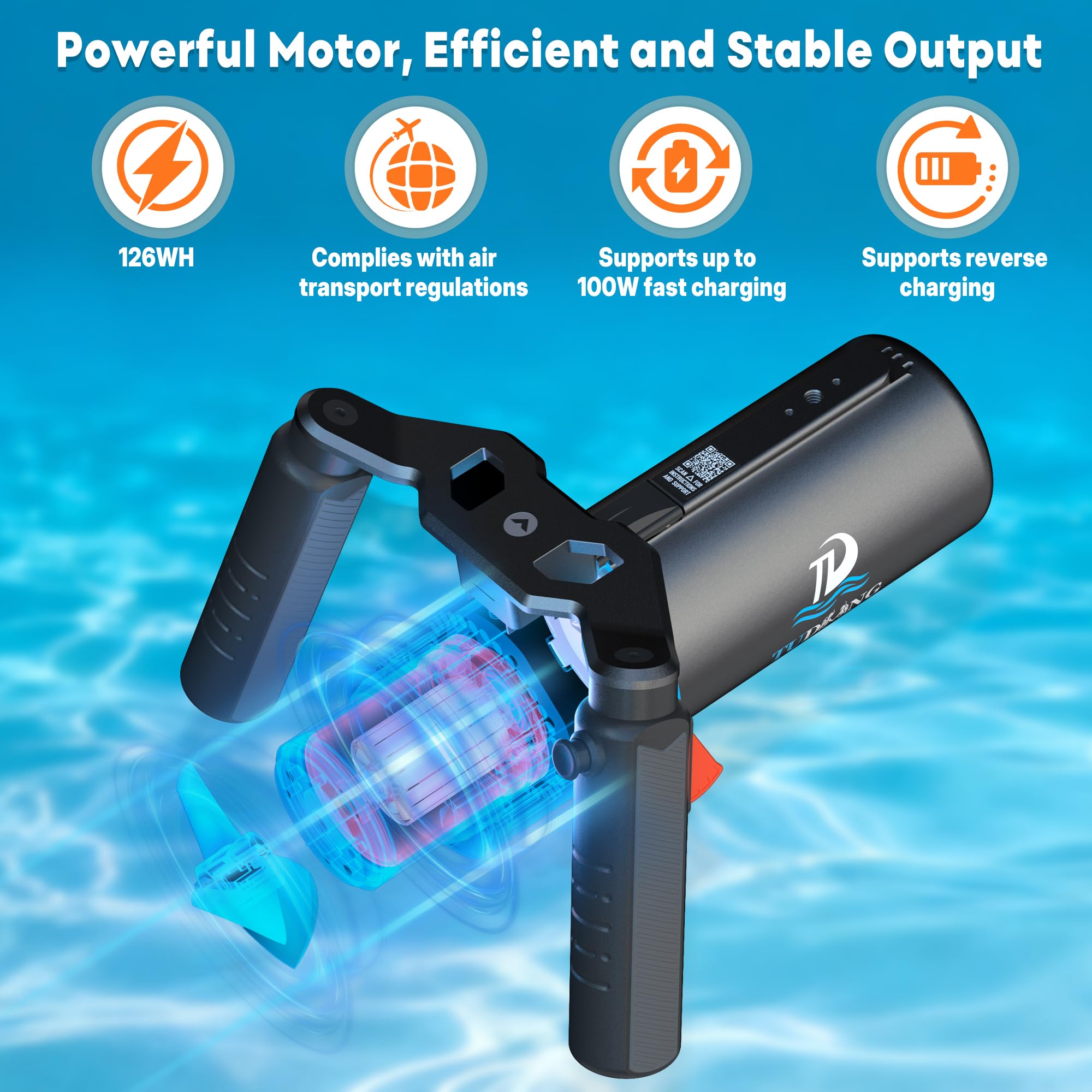TUDIVING Verbesserter Unterwasserantrieb | 1 Stunde Akkulaufzeit | abnehmbarer Akku | IPX8 wasserdicht | wasserdicht bis 60 m | Unterwasser-Scooter mit Action-Kamera-Halterung für Wassersport