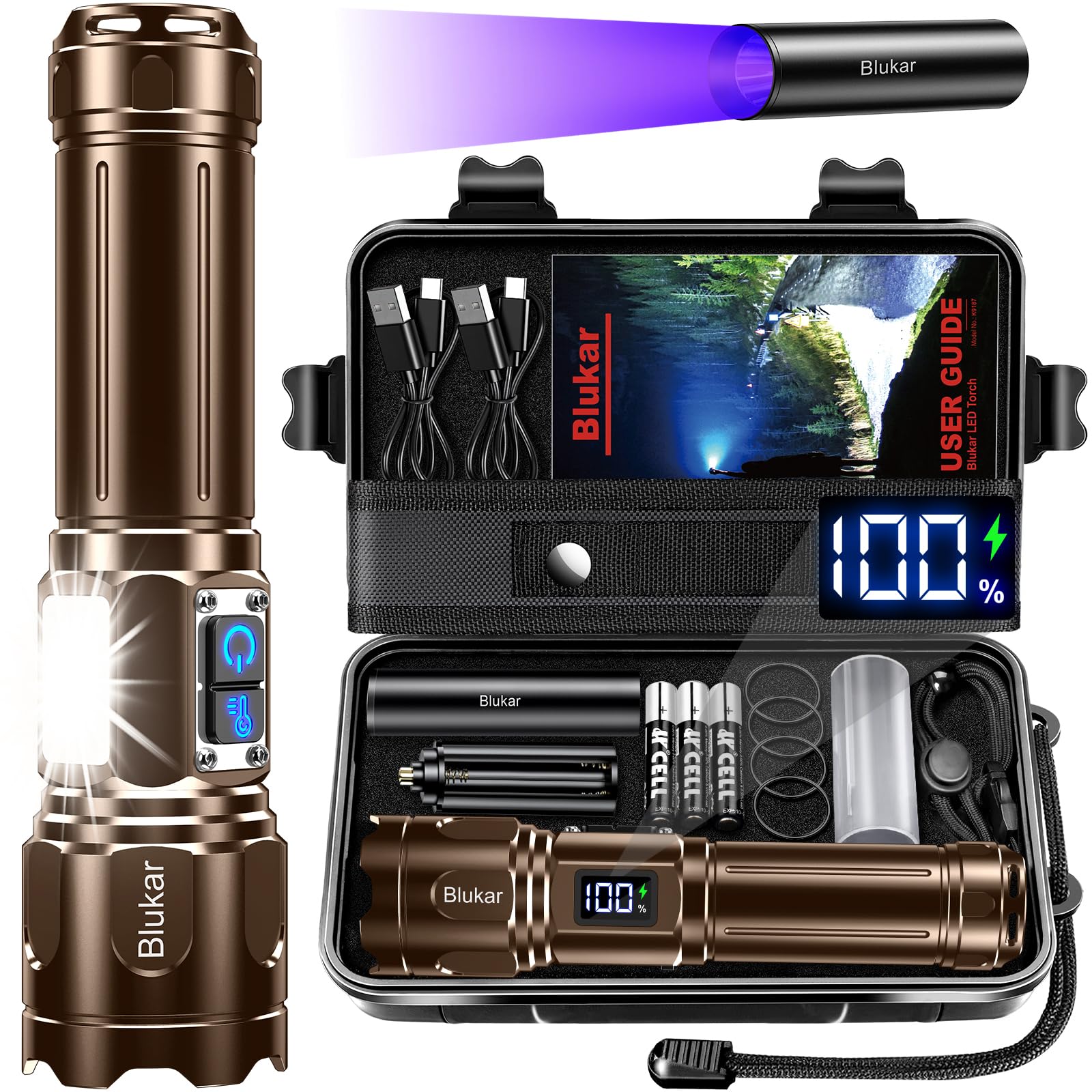 Blukar Taschenlampe LED 2 Farbtemperatur mit Hauptlicht & Seitlich COB-Licht, Aufladbar Extrem Hell Stufenlos Dimmbar Taschenlampen Zoombar Handlampe, 7 Modi Wasserdicht Flashlight für Outdoor Notfäll