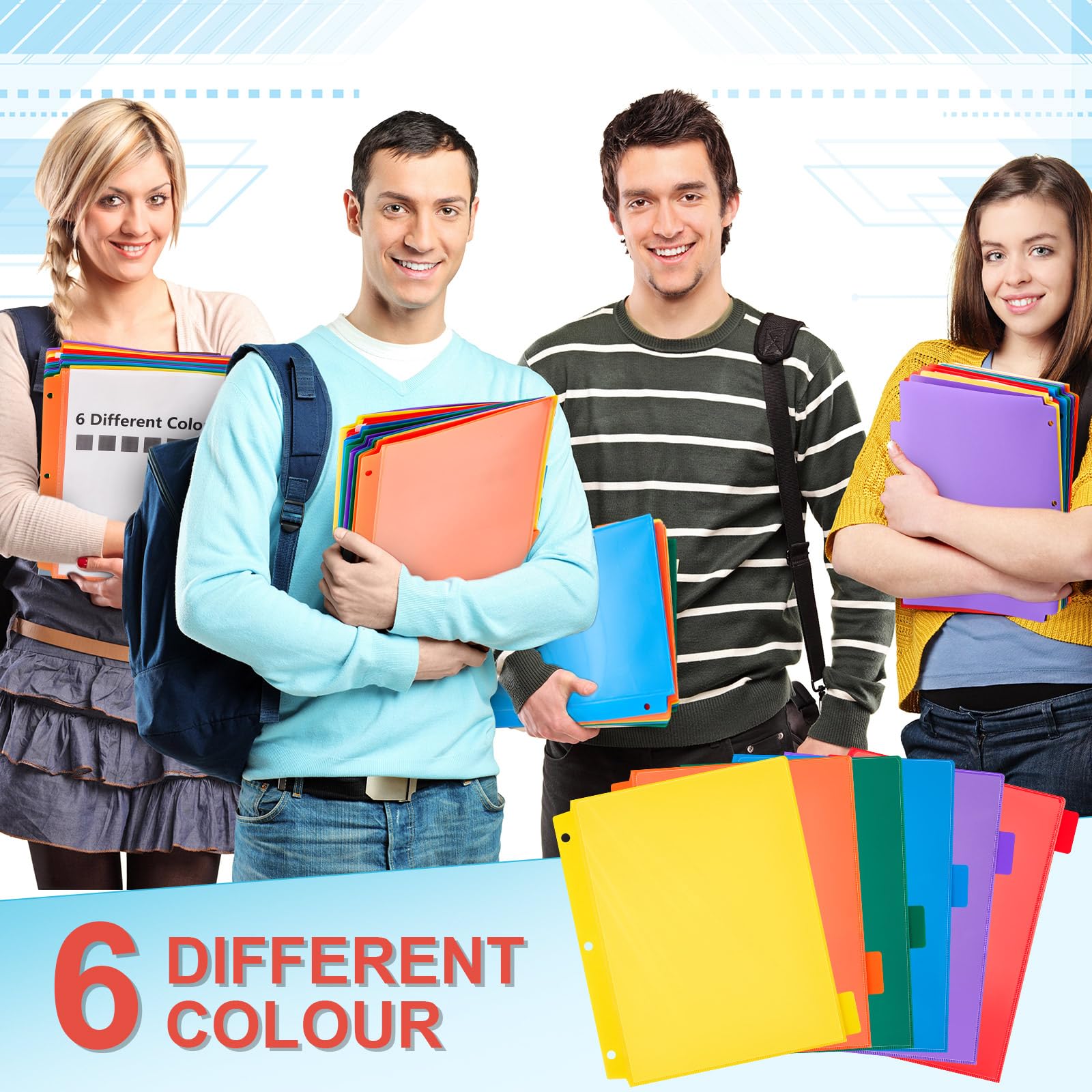 Honoson Lot de 60 dossiers à 2 poches avec poche avant transparente en plastique perforé à 3 trous pour classeur à 3 anneaux 1/6 onglets de coupe pour bureau, salle de classe (couleurs vives)