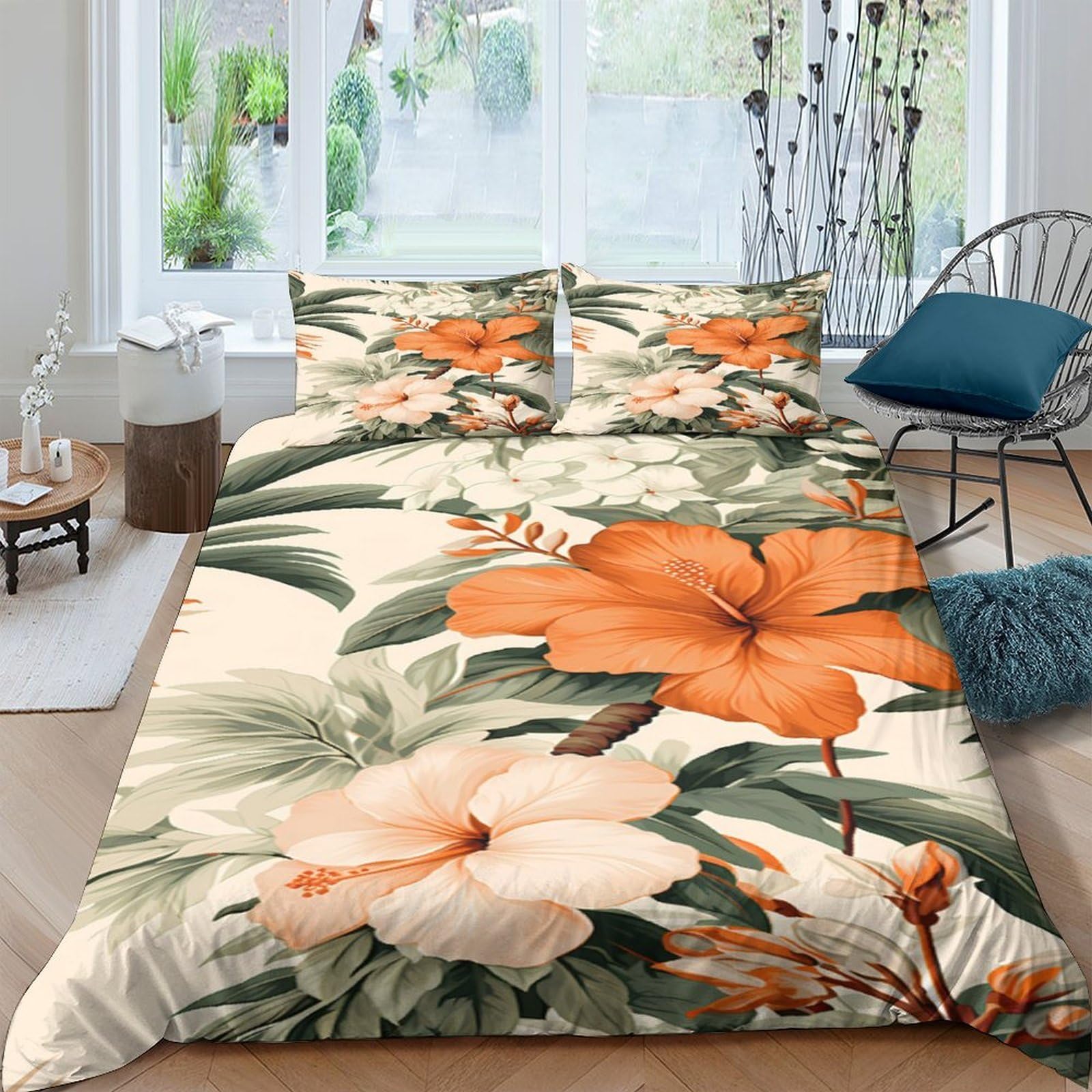 Ctjqhvkz Style-2 3D Printed Tropical Hibiscus Fitted Sheet Microfiber Orange Floral Mattress Cover For Bedroom Guest Room Easy Care Single（135X200cm）