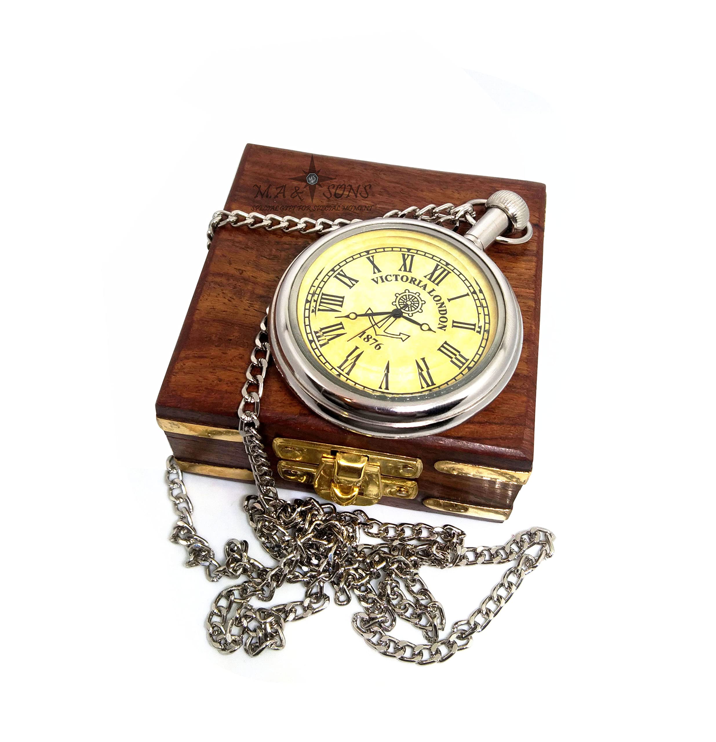 M.A & SONS Brass Working Pocket Watch Silver' With Wooden box I Customization available