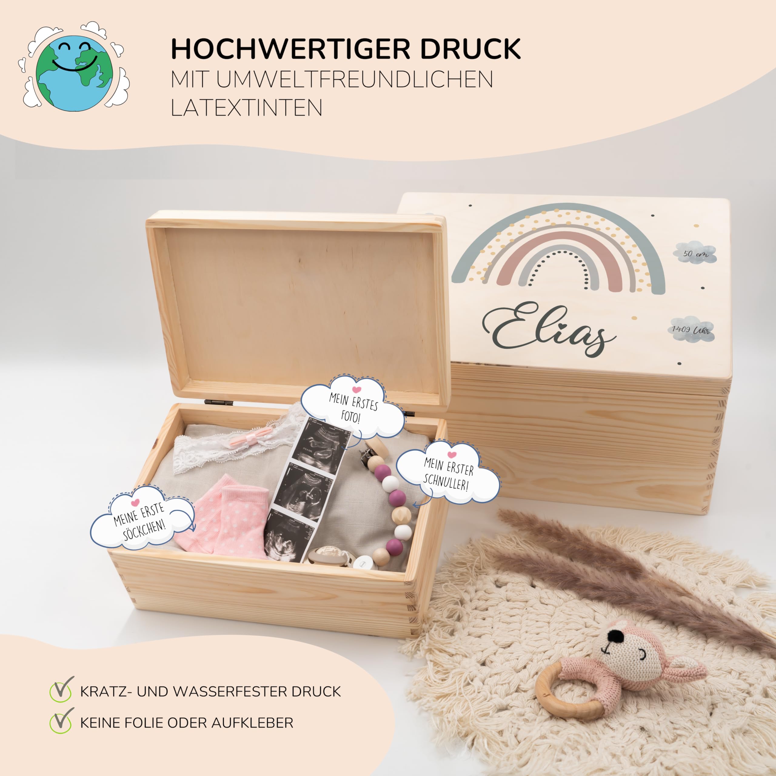 KIDSMOOD - Erinnerungsbox Baby, personalisierte Holzkiste mit Deckel, Ideal zur Aufbewahrung von Erinnerungen und als Geschenk zur Geburt, Taufe oder als Geburtstagsgeschenk für Mädchen und Jungen