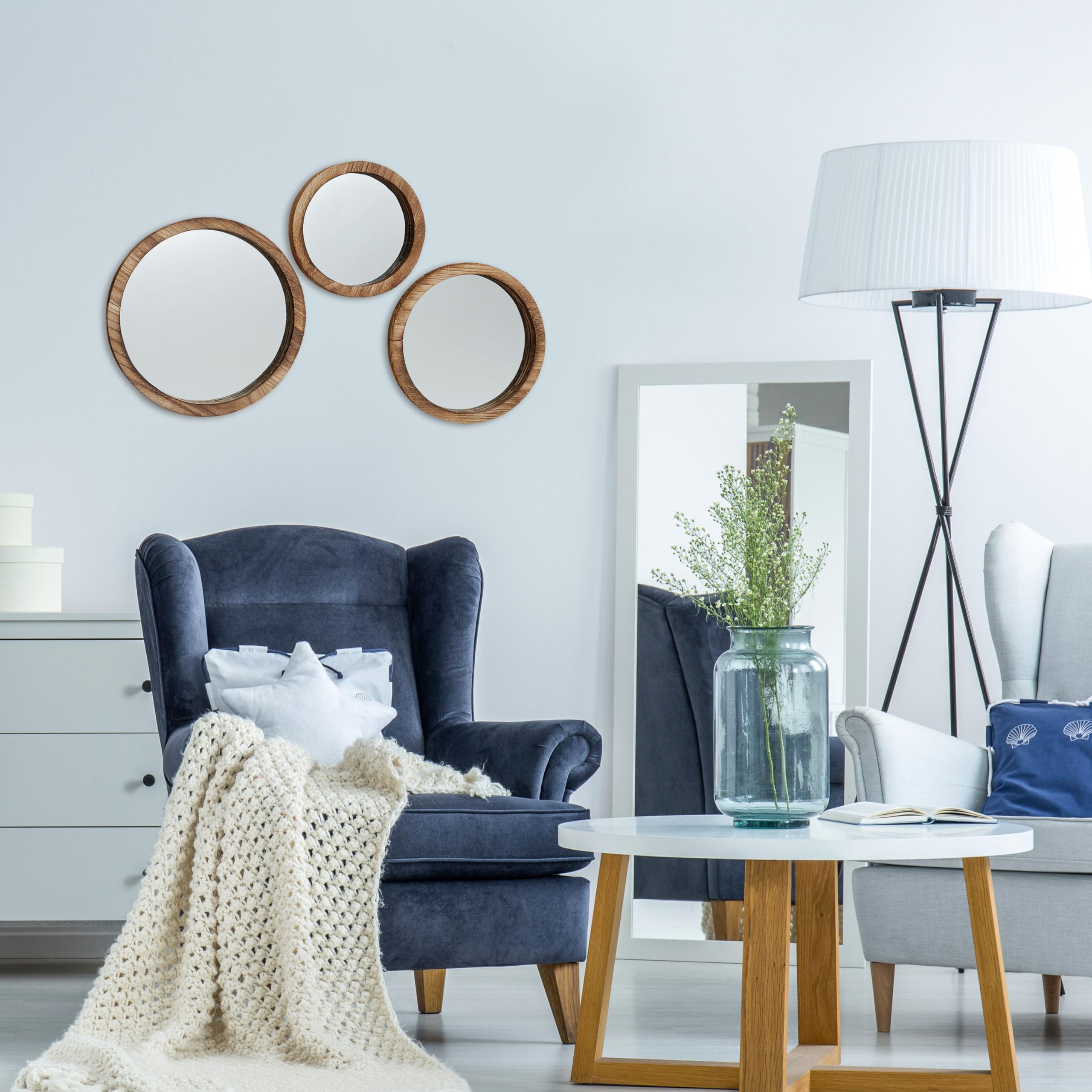 Nagina International The Rustic Boho Chic Porthole Mirror Trio, Set of 3-10, 12 and 13 ¾-Inches Diameter, Glass and Sustainable Wood, By Whole House Worlds