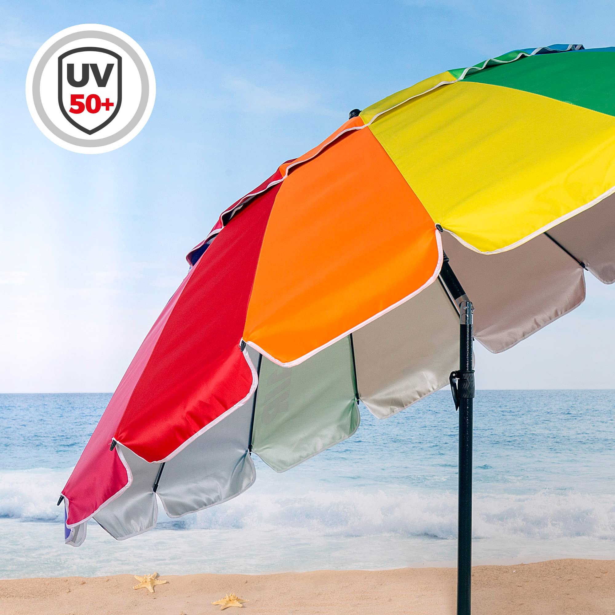 AKTIVE Ombrellone da spiaggia antivento con protezione UV50, ombrellone da spiaggia con altezza regolabile e palo inclinabile, ultra resistente al vento, include borsa per un facile trasporto