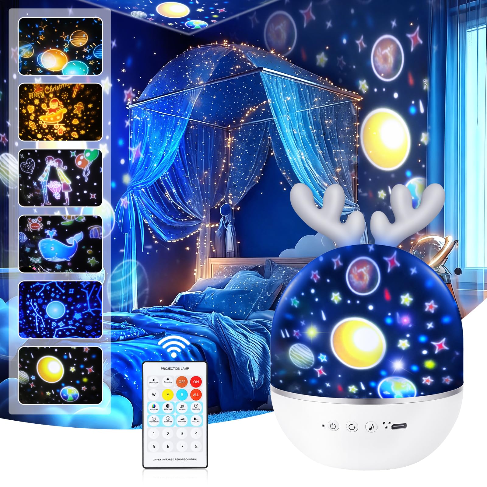 URAQT Proiettore Stelle Soffitto Bambini, Luci Notte per Bambini, 360°Rotazione Musicale Luce Notturna Bambini Proiettore, 6 Films Proiettore Soffitto,8 musica,con Telecomando e timer, Regalo Neonato