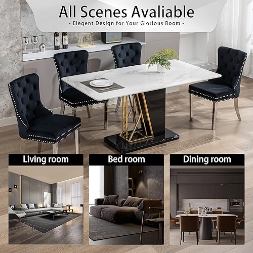 Miniatura 8 de Juego de 2 sillas de comedor, sillas de terciopelo con botones copetudos con patas modernas de acero inoxidable, ribete de remache de metal con