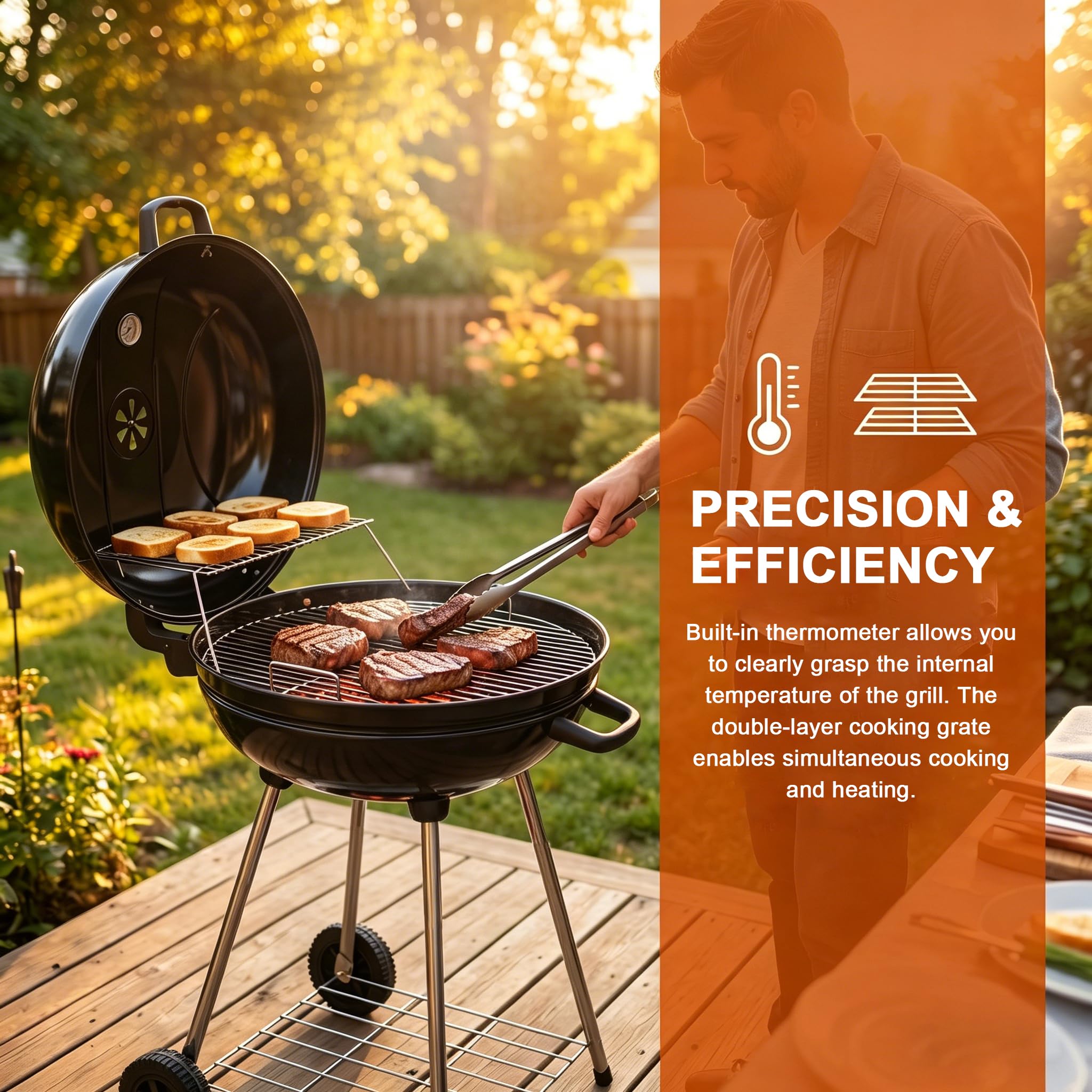Elitzia ETBBQ01 Przenośny grill na węgiel drzewny z kółkami, czajnik, grill na zewnątrz, grill, pionowy kemping, podwórko, patio, ogród, okrągły grill na węgiel drzewny, do gotowania na świeżym
