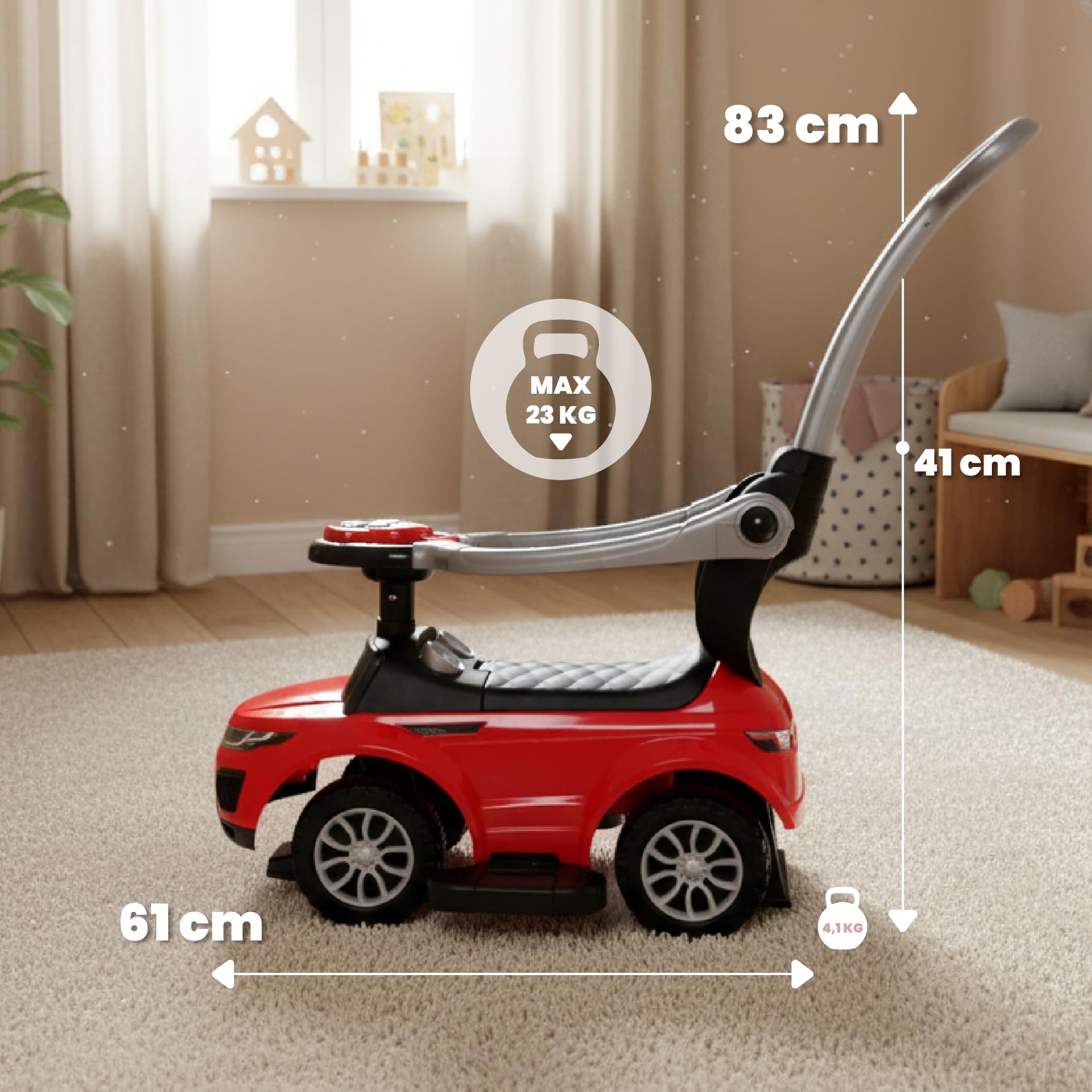 Auto a spinta per bambini 4in1, scivolo a partire da 1 anni, con clacson e musica, spazio per riporre i bagagli sotto il sedile (Rosso)