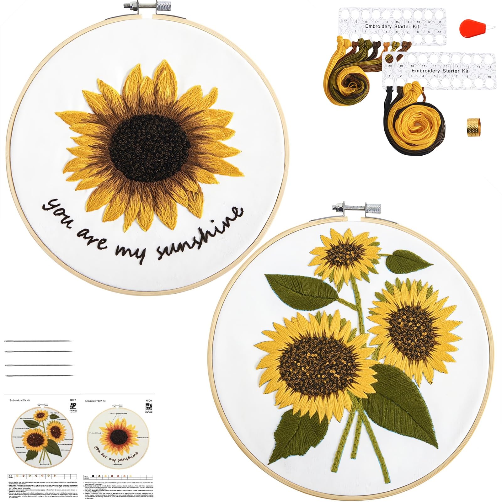 Sunflower Embroidery Kits for Beginners Adults, Floral Hand Embroidery Set Needlepoint Kits, Stamped Cross Stitch Kits for Beginners Adults, 2 Embroidery Hoops, Fabric, Thread(Attached Video Tutorial)