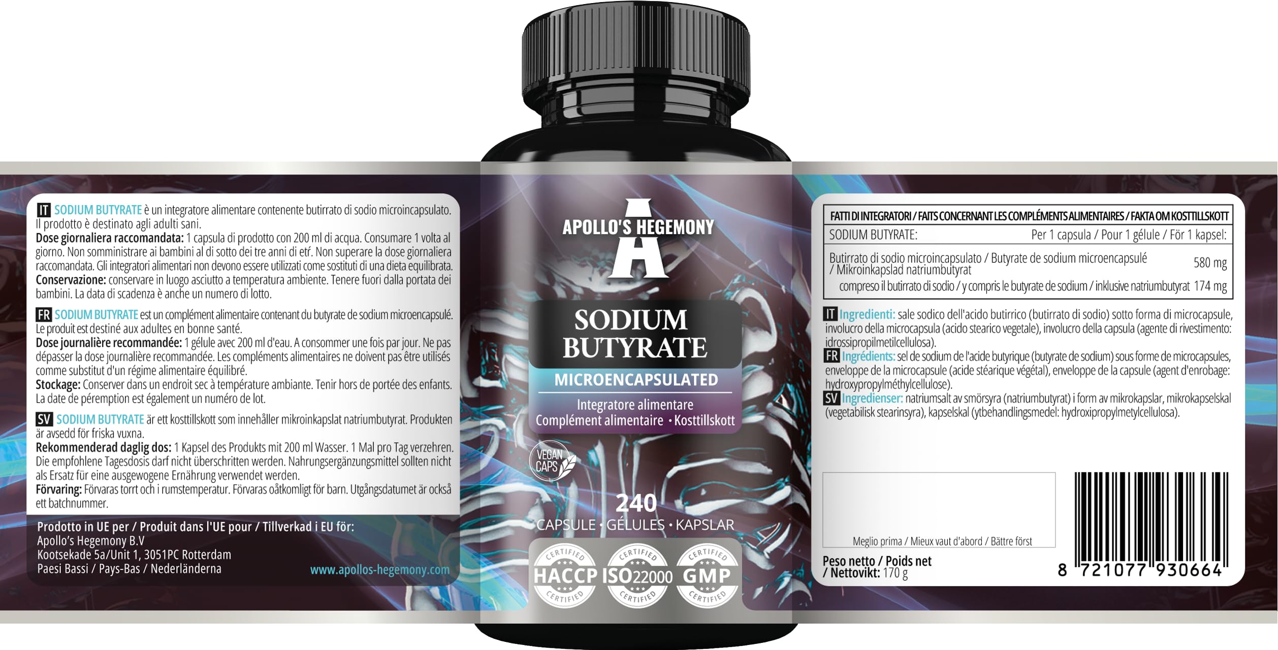 Butyrate de Sodium Haute Dose 580 mg (30% Acide Butyrique), 120 Capsules Végétales, 4 Mois, Supplément de Sodium pour Soutenir la Santé de l'Intestin - par Apollo's Hegemony