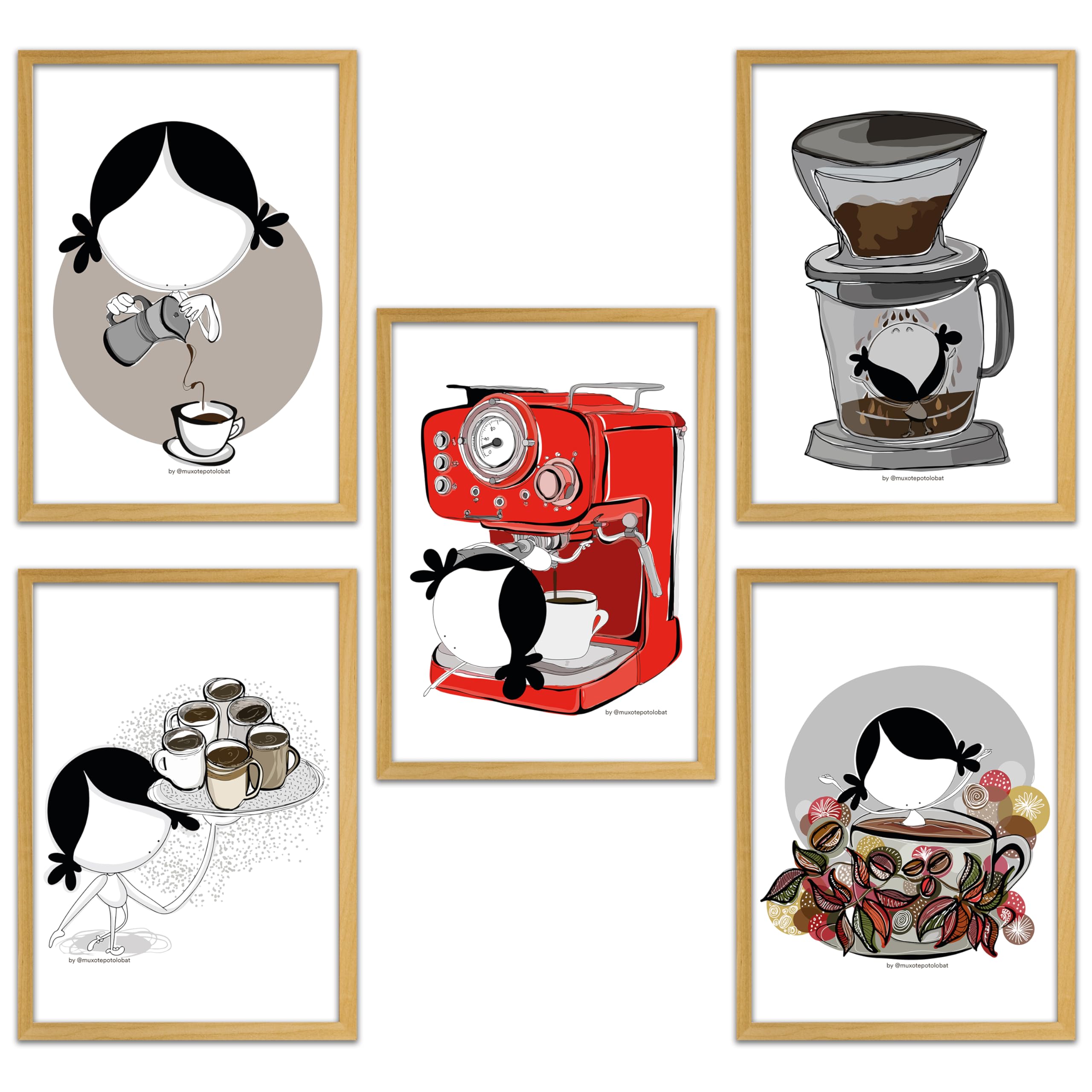 MUXOTE® - Pack de 5 Láminas Decorativas CAFE. Cuadro Poster Pared Habitación, Salón, Comedor, Cocina, Cafeteria, Oficina zona cafe, Despacho, Tienda, Escaparate - SIN marcos - A3(30x42cm)