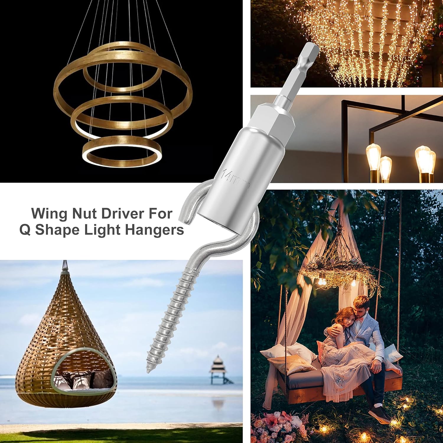 304 Stainless Steel Screw-in Hooks, Heavy-Duty Eye Hooks for Wood, Christmas Lighting (14 pcs + 1/4" Hex Shank Wing Nut Driver)