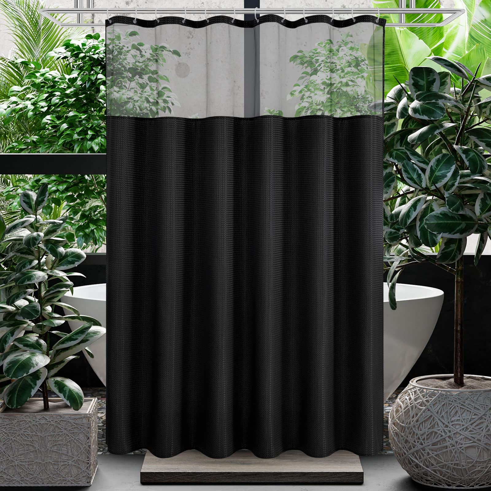 Gibelle Extra Long Shower Curtain 72 x 84, Waffle Weave Fabric Shower Curtain with Mesh Top Window and Hooks Set, Hotel Style Bathroom Design, Black