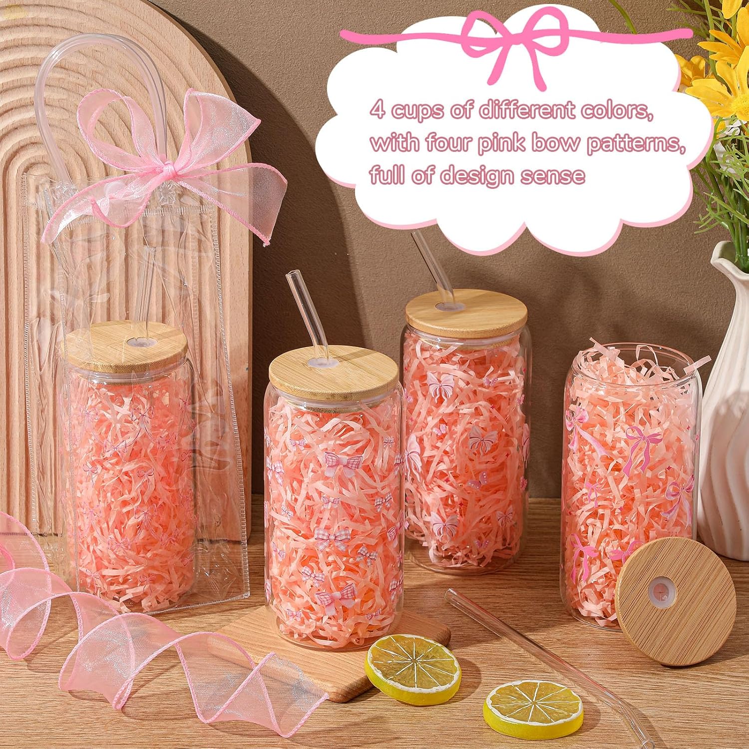 Mumufy 8 Sets Coquette Bow Glass Cups with Clear Gift Bag 16 oz Reusable Pink Iced Coffee Mugs Aesthetic Cute Tumbler with Lids and Straws, Gifts for Girls Women Bridesmaid - Image 4