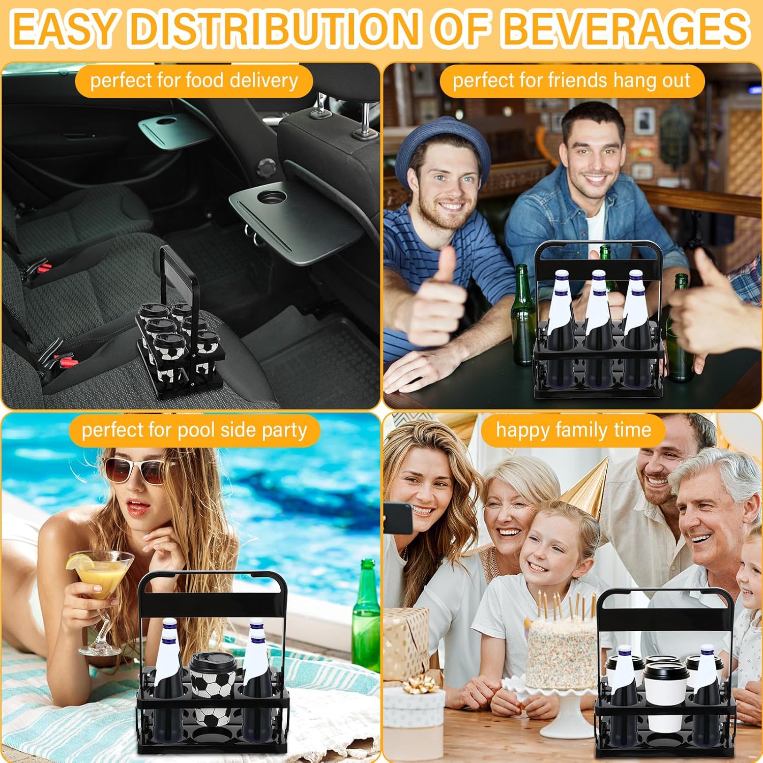 Sliner 4 Pieces Portable Drink Carrier Plastic Drink Holder Reusable Cup Carriers for Drinks Foldable Cup Holder Beverage Delivery Holder with Handle for Delivery Drivers Catering Restaurant, Black