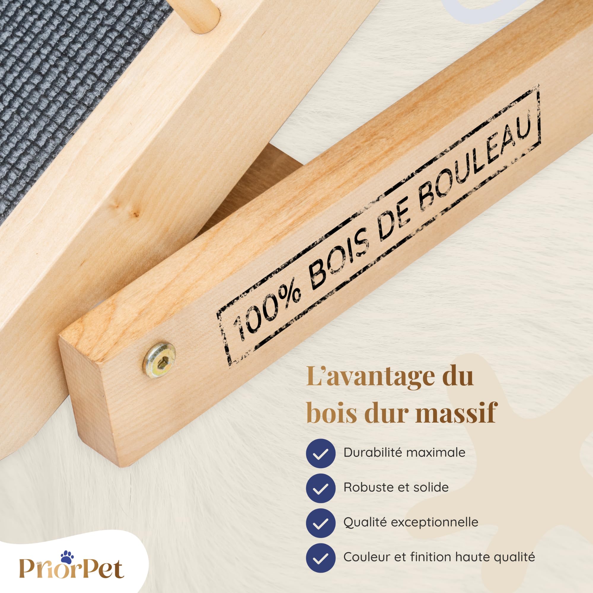 Rampe pour Chien Lit avec Barrières de Sécurité - Escalier pour Chien PRIORPET - Bois de Bouleau - pour Lit Haut jusqu'à 94.5 cm - Pliable -Poignée antidérapante-pour Les Chiens jusqu'à 23kg- Naturel