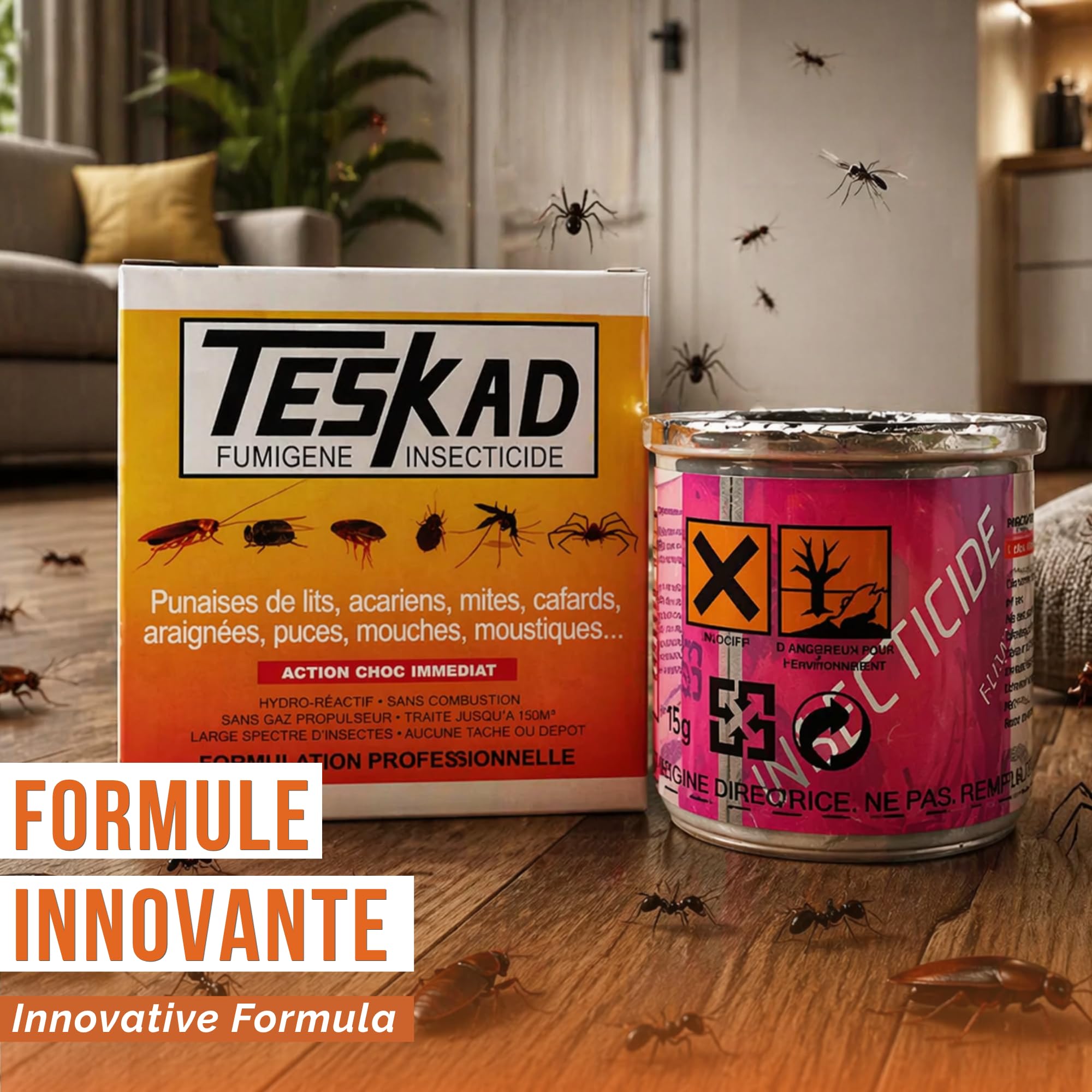 Fumigène Insecticide – Anti Puces, Punaises de Lit, Cafards, Mites, Araignées, Mouches, Moucherons – Action Choc Jusqu’à 250m³ – Traitement Intérieur Efficace