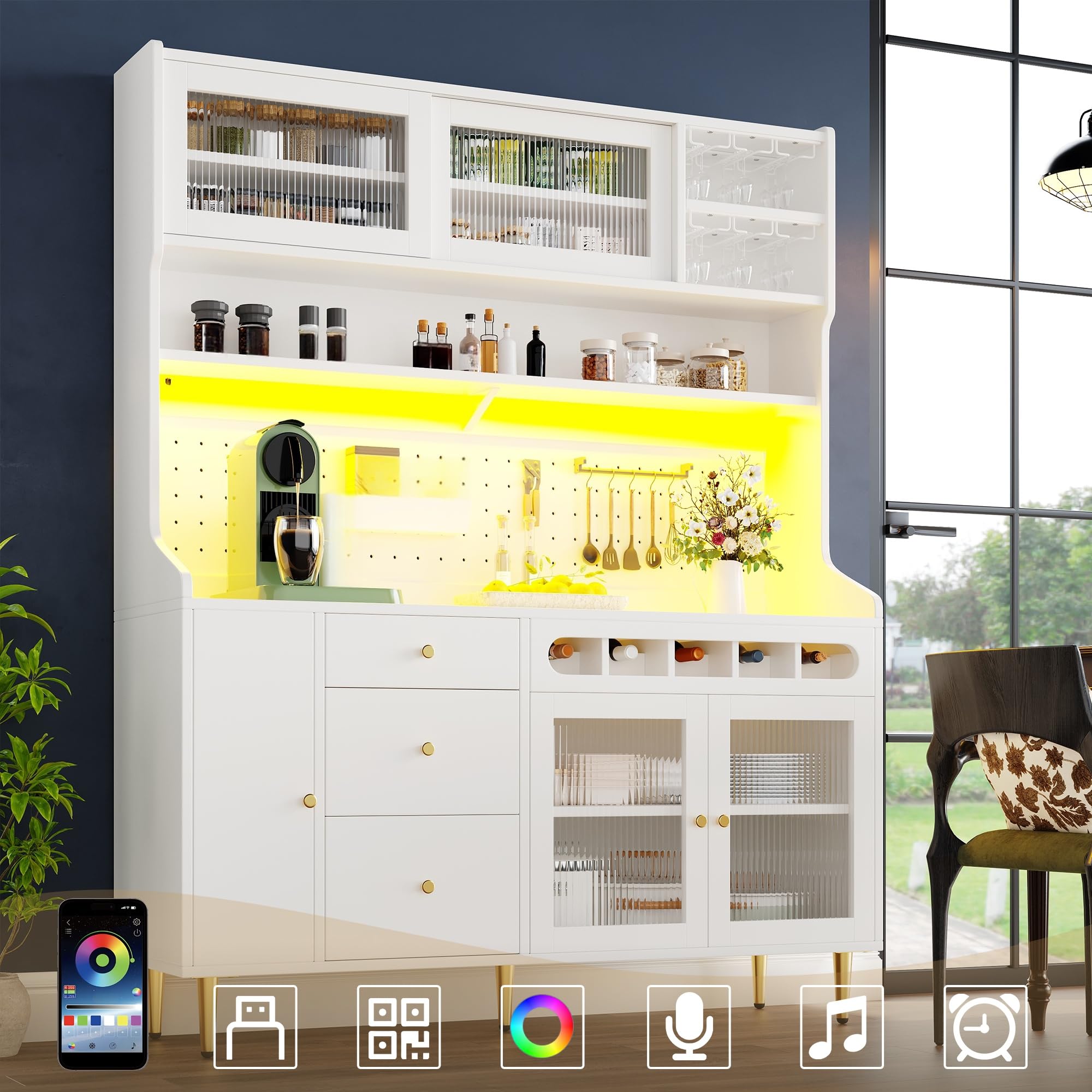 Alacena de Cocina Armario Alto Cocina con Iluminación LED y USB, Mueble Auxiliar de Comedor con Botellero y Cajones, Aparadores Salon, Buffet Comoda, 145x39x171 cm, Blanco