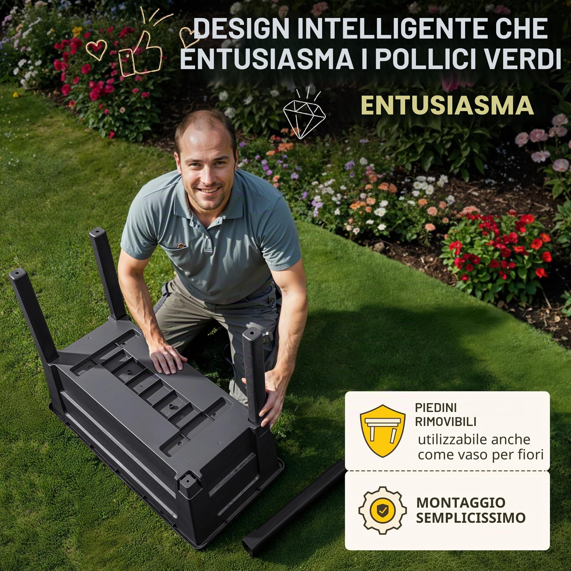 Ondis24, aiuola da giardino Victoria per balcone, vaso da fiori con serra, volume 50 L, serbatoio dell'acqua, irrigazione a goccia, piedini rimovibili, adatto per esterni (Antracite)