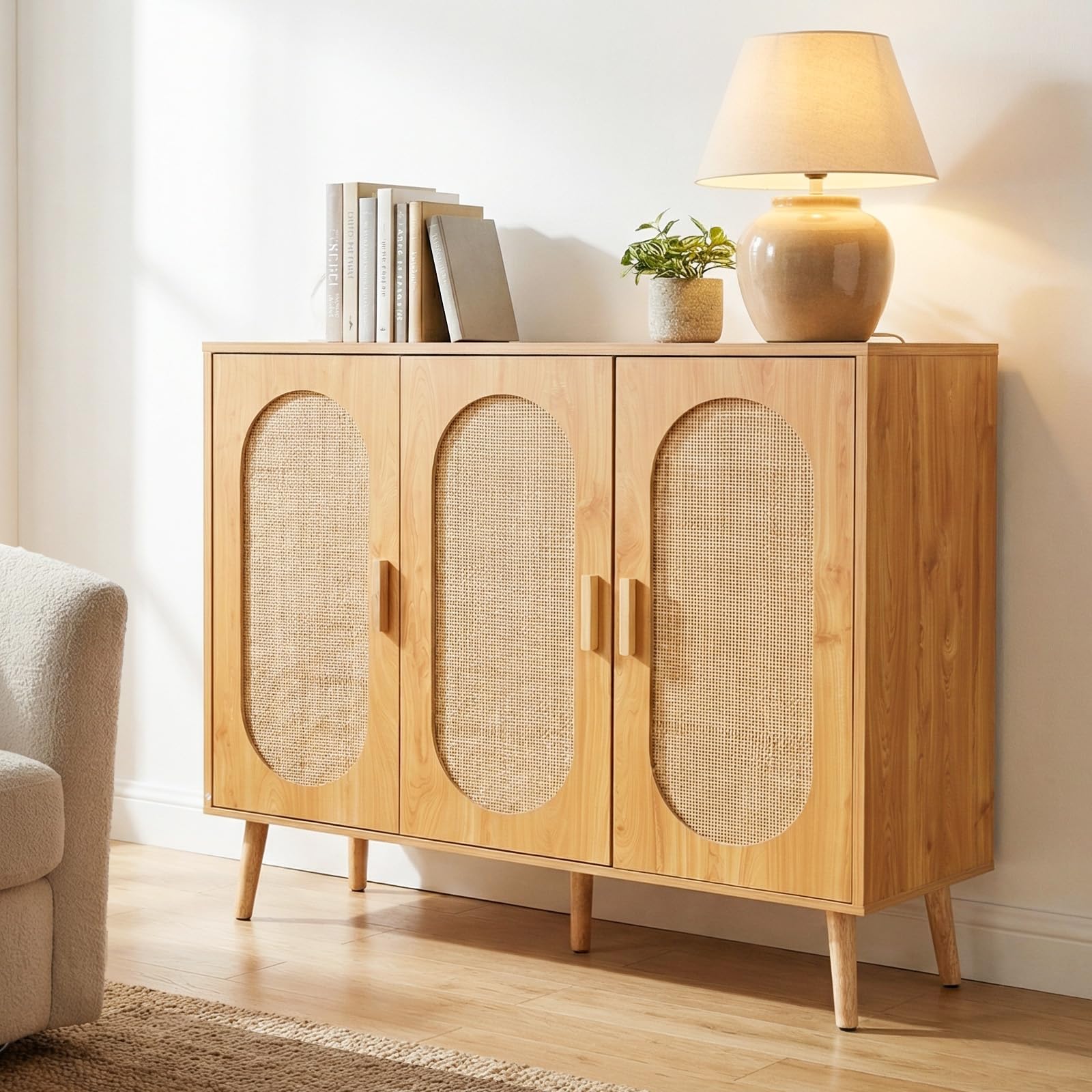 HOKEEPER Armario Zapatero de Ratán con 3 Puertas, Ideal para Recibidor o Entrada, Mueble Zapatero de Madera Estrecho, Veta de Madera