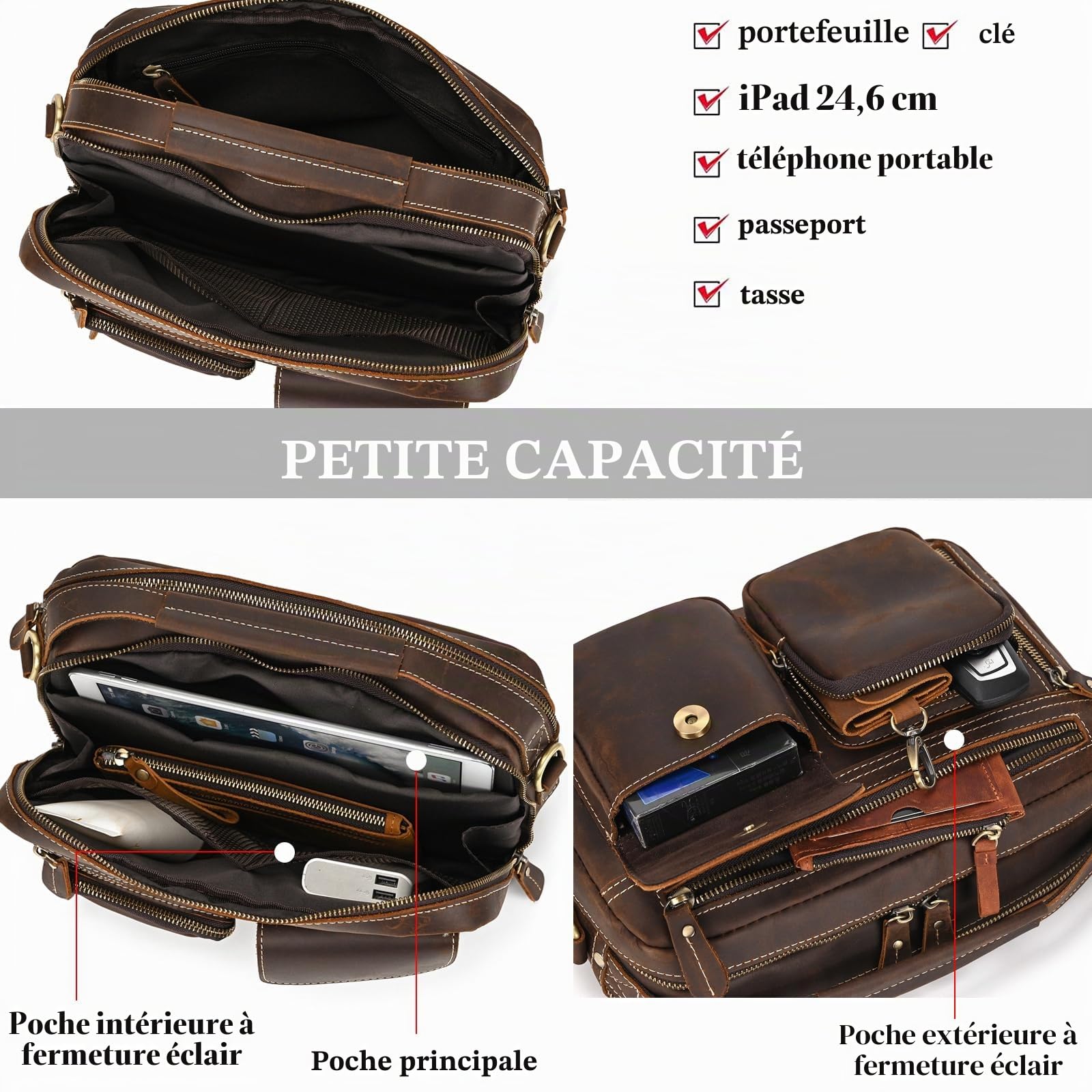 Sacoche Homme Bandouliere, Parfait pour Voyages & Quotidien - Petit Sac Messenger Vintage pour iPad 9,7 Pouces - Sac à Bandoulière Moderne pour Hommes