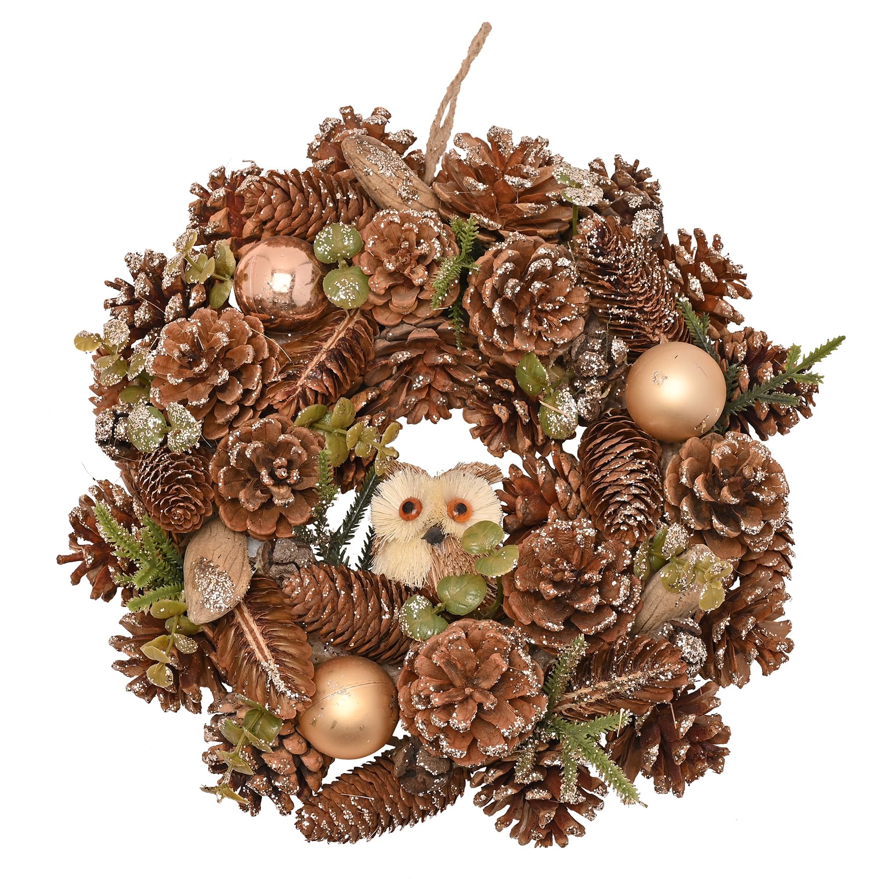 Widdop Gold Glitter Pinecone Christmas Wreath with Owl – 30cm Woodland Style Decoration with Natural Cones, Greenery & Gold Accents – Rustic Winter Door or Wall Wreath