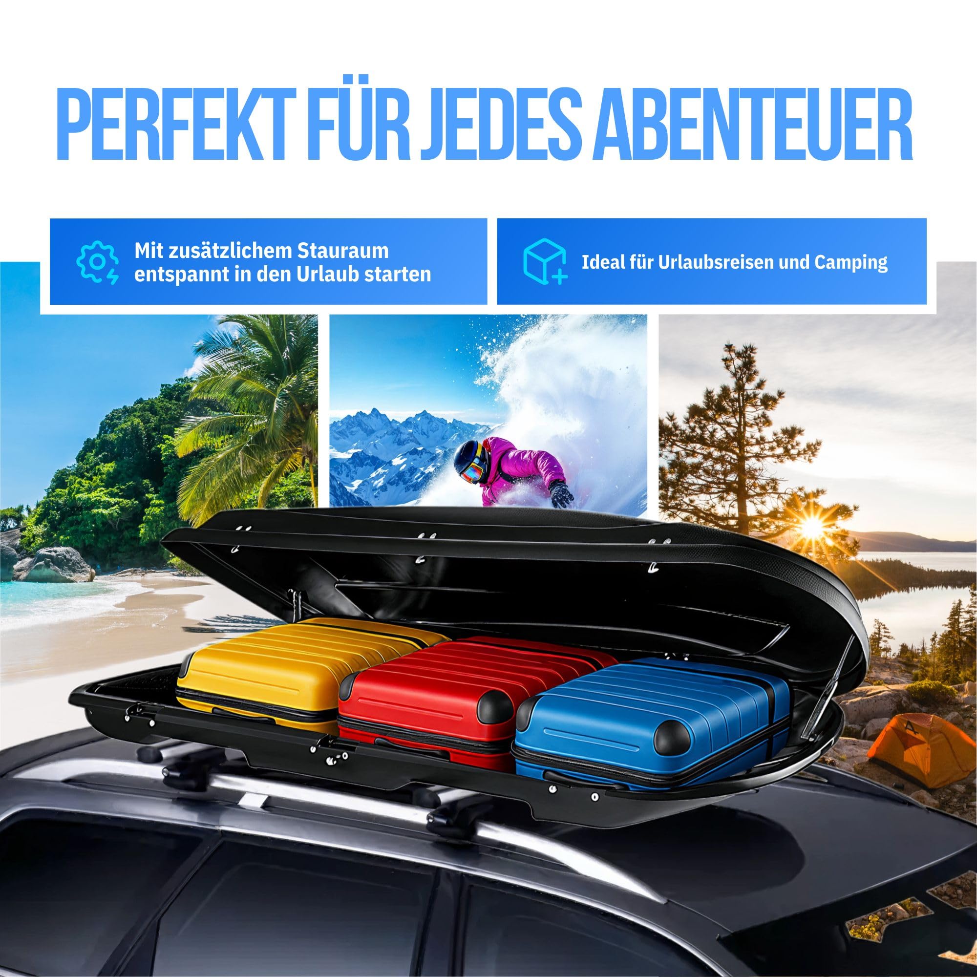 Dachbox VDP Xtreme 600 Black - VDP Universal Autodachbox, dachkoffer für Reisen und Camping, abschließbar, 600 Liter Volumen - Schwarz