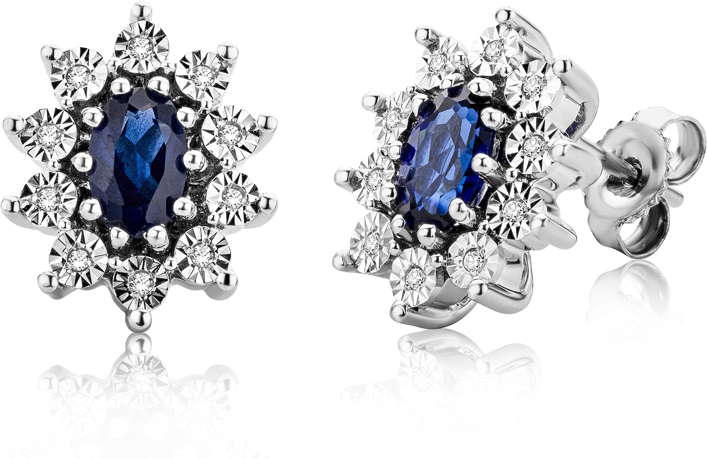 MIOREDiamond and blue Sapphire stud earrings cluster setting in 925 Sterling Silver 13 x 10 mm handmade, skin friendly, gift box included