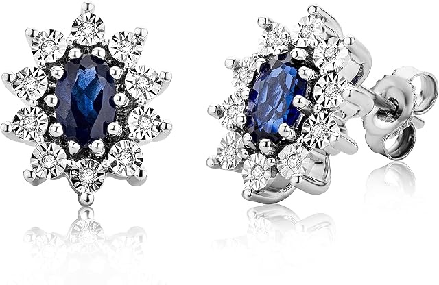 Miore Diamond and blue Sapphire stud earrings cluster setting in 925 Sterling Silver 13 x 10 mm