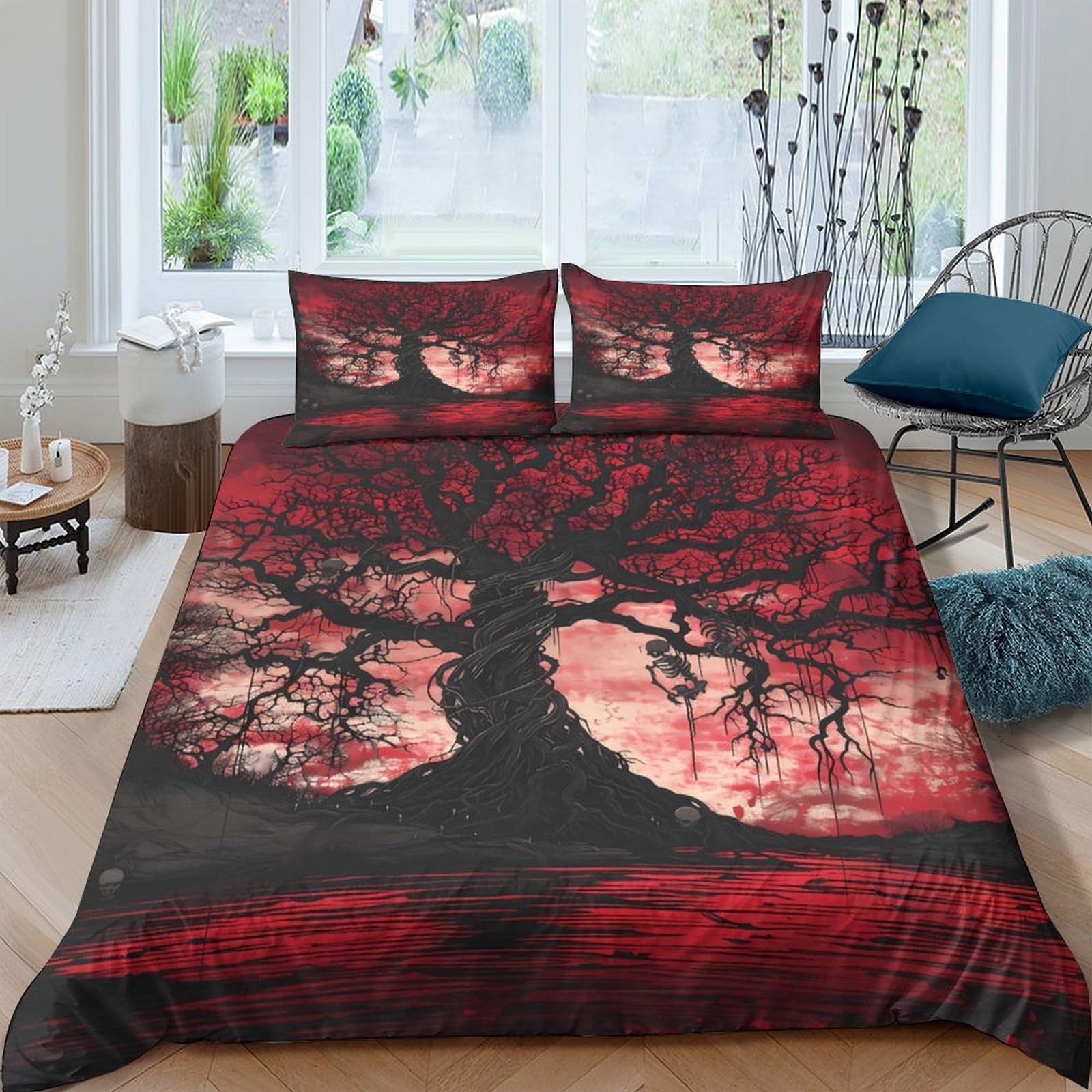 Ctjqhvkz Style-2 3D Printed Red Sunset Tree Fitted Sheet Microfiber Soft Non Slip Black Forest Bed Cover For Bedroom Guestroom Single（135X200cm）