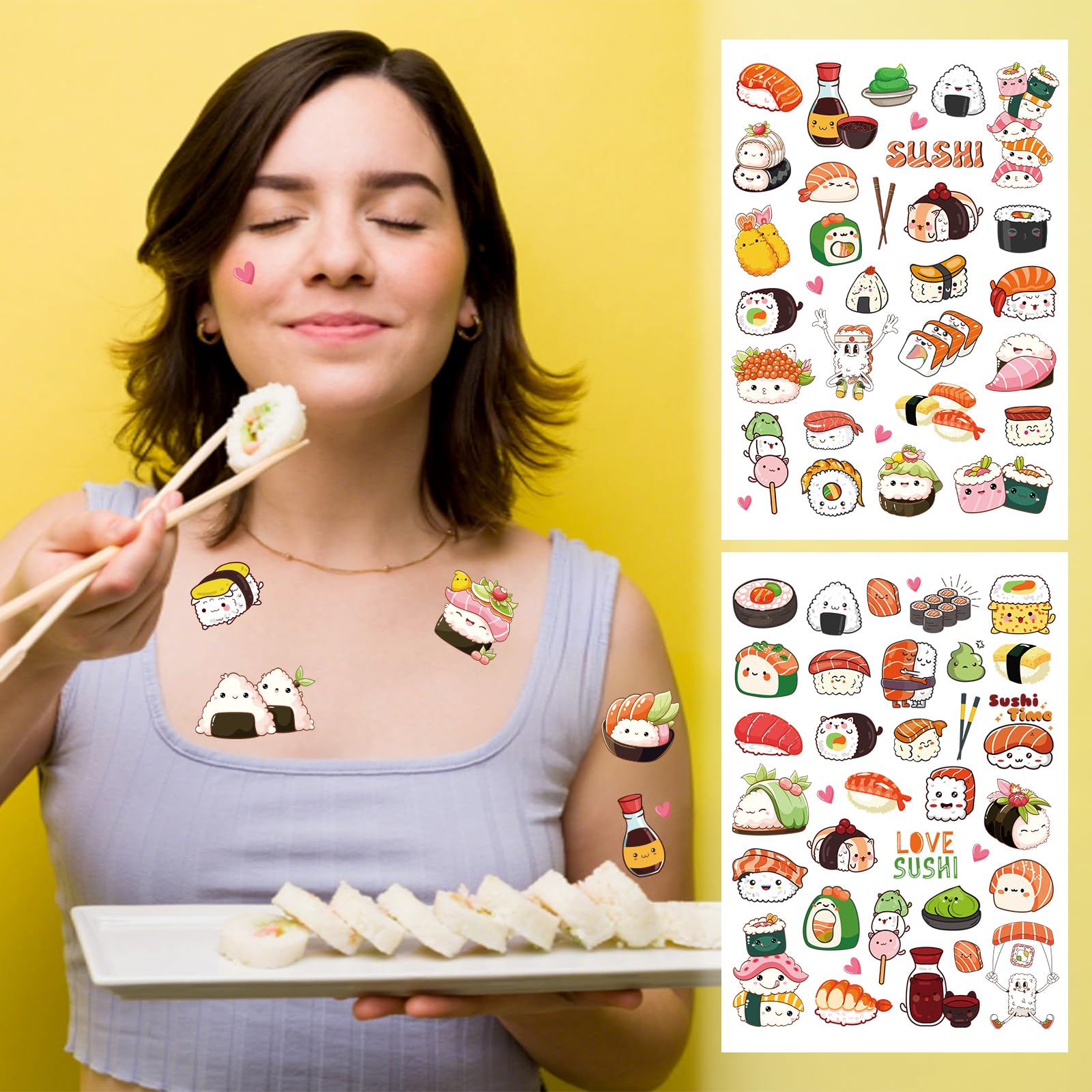 Sushi Temporary Tattoos Stickers, Japanese Theme Tattoo Stickers for Kids, Birthday Party Favors Goodie Bag Fillers Supplies Decorations, Classroom School Prizes Rewards Gifts(6 Sheets)
