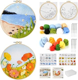 2 Sets of Needle Felting Kit, Needle Felting Beginner Kit, Wool Felt Supplies with Instructions, Needle Felting Pad, Felting Needles, Felting Wool, Embroidery Hoops (Summer Flowers&Beach)