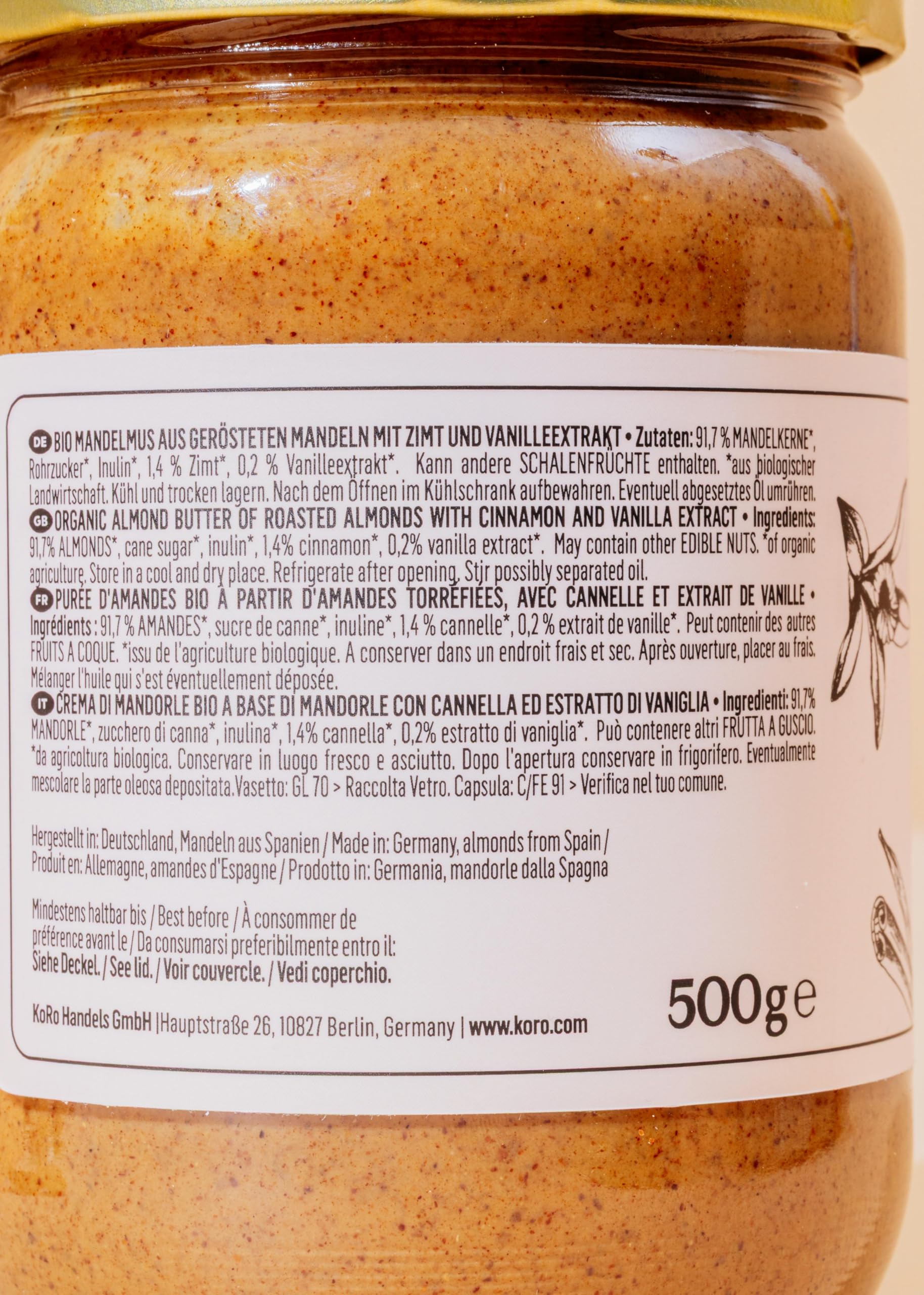 KoRo - Crema di mandorle con cannella e vaniglia bio 6 x 500 g - Fonte di proteine - Vegan - Sul porridge, sul pane o nei dolci