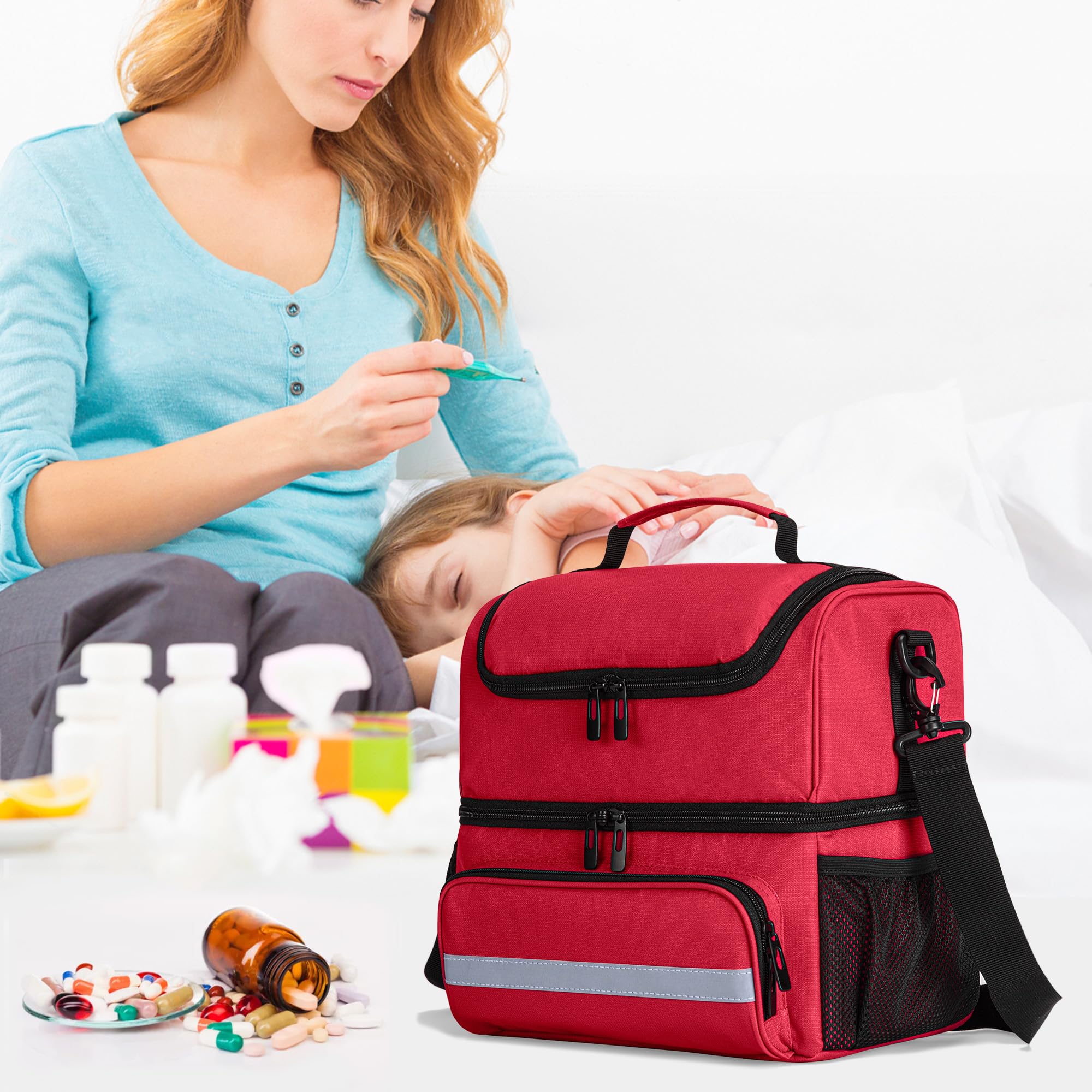 CURMIO Doppelschicht Medizinische Tasche, Tragbar Reiseapotheke Tasche, Notfalltasche für Medizinflasche, Vitamine, Medizinisches Zubehör, Leer, Rot