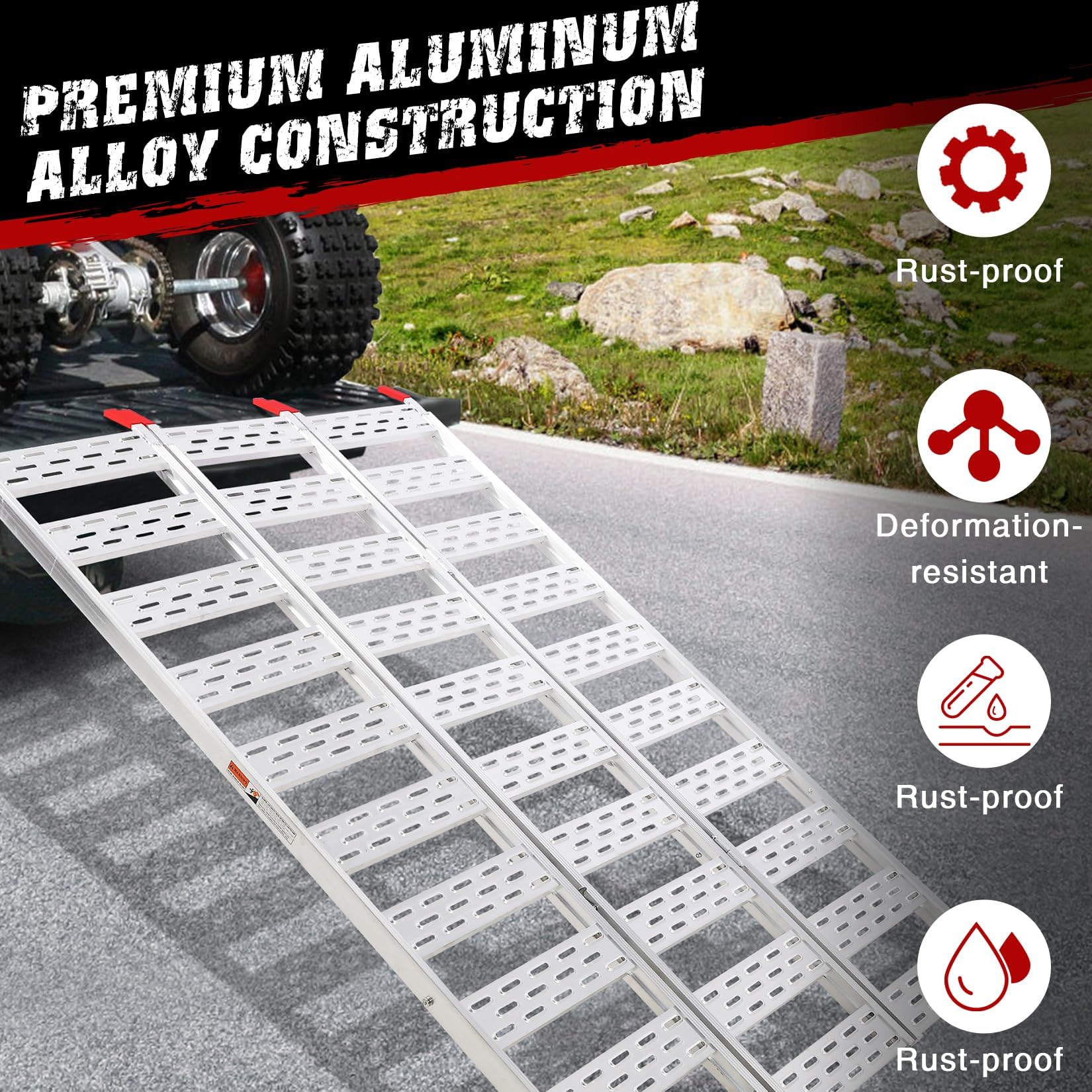 Garvee Rampe de Chargement tri-Pliable en Aluminium, Antidérapante et résistante à la Rouille, Capacité 680kg, avec Sangles de sécurité, pour Moto, Quad, UTV, Camion, remorque, Voiture, 193x127cm