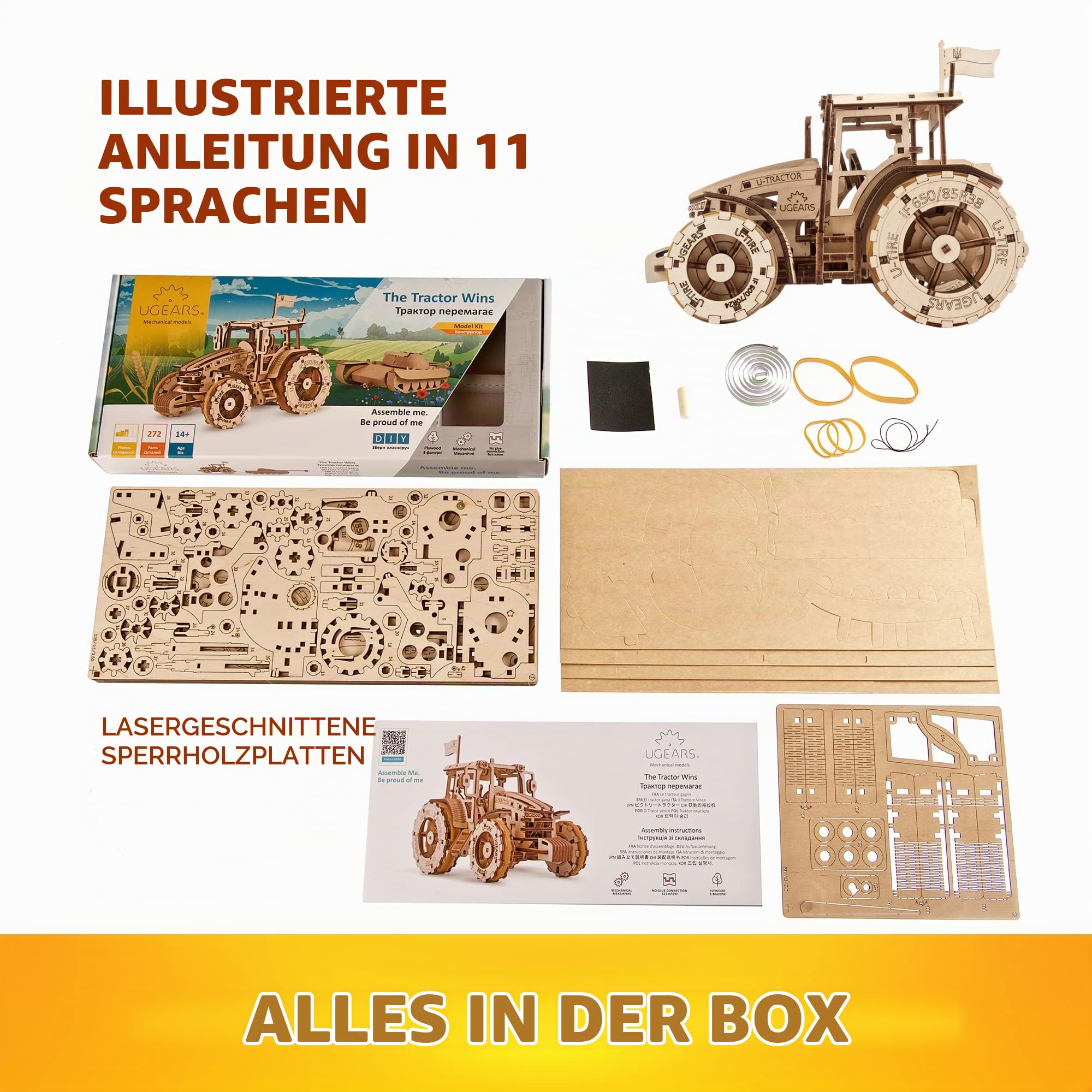 UGEARS Der Traktor Siegt Modellbau Holz - Mächtiger Federbetriebener 3D Puzzle mit Faltbarem Papiertank - Holzpuzzle Erwachsene und Kinder - Modellbausatz Holzbausatz zum Bauen, Tractor Wins