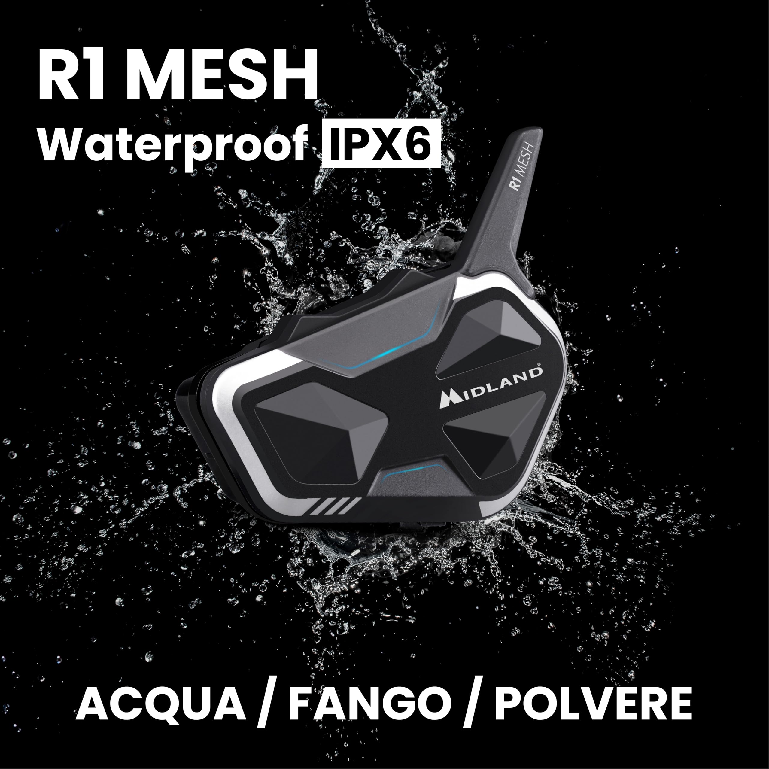 Midland - Interfono Moto Bluetooth + Mesh R1 Mesh Singolo, Auricolari Casco Moto Waterproof IPX6, Portata 500m, 23H, Audio RCF, Stereo Background, Compatibile TFT e Radio FM, 6 Persone Conference