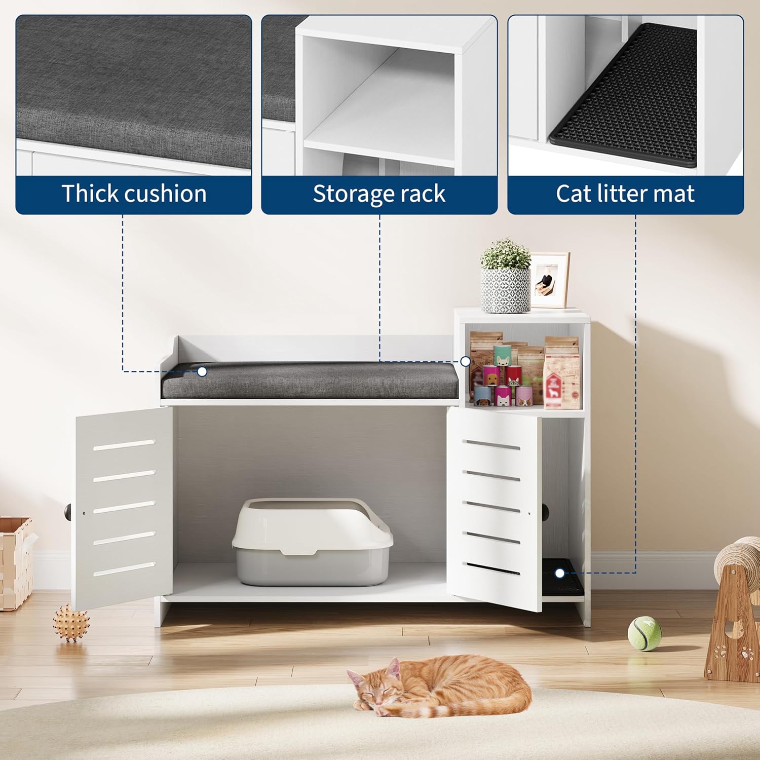 Cat Litter Box Enclosure, Farmhouse Hidden Cat Litter Box Furniture Cabinet with Mark Pad and Storage Shelf, Wooden Enclosed Litter Box , Modern Cabinet for Litter Box for Hallway, Bedroom, White