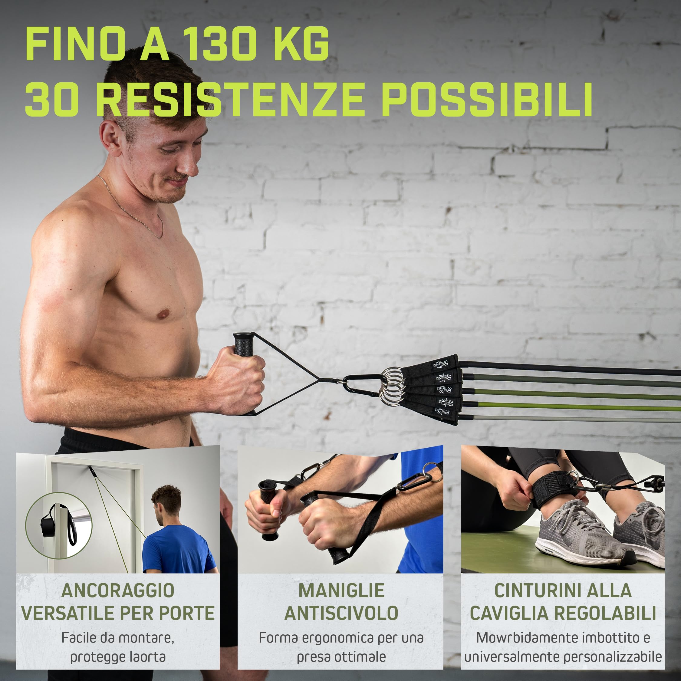 Wild Instincts® Resistance band Set/Elastici con Maniglie per l'allenamento a Casa/Bande Elastiche Fitness/Fasce Elastiche Fitness/Accessori Palestra/Bande di Resistenza Fitness