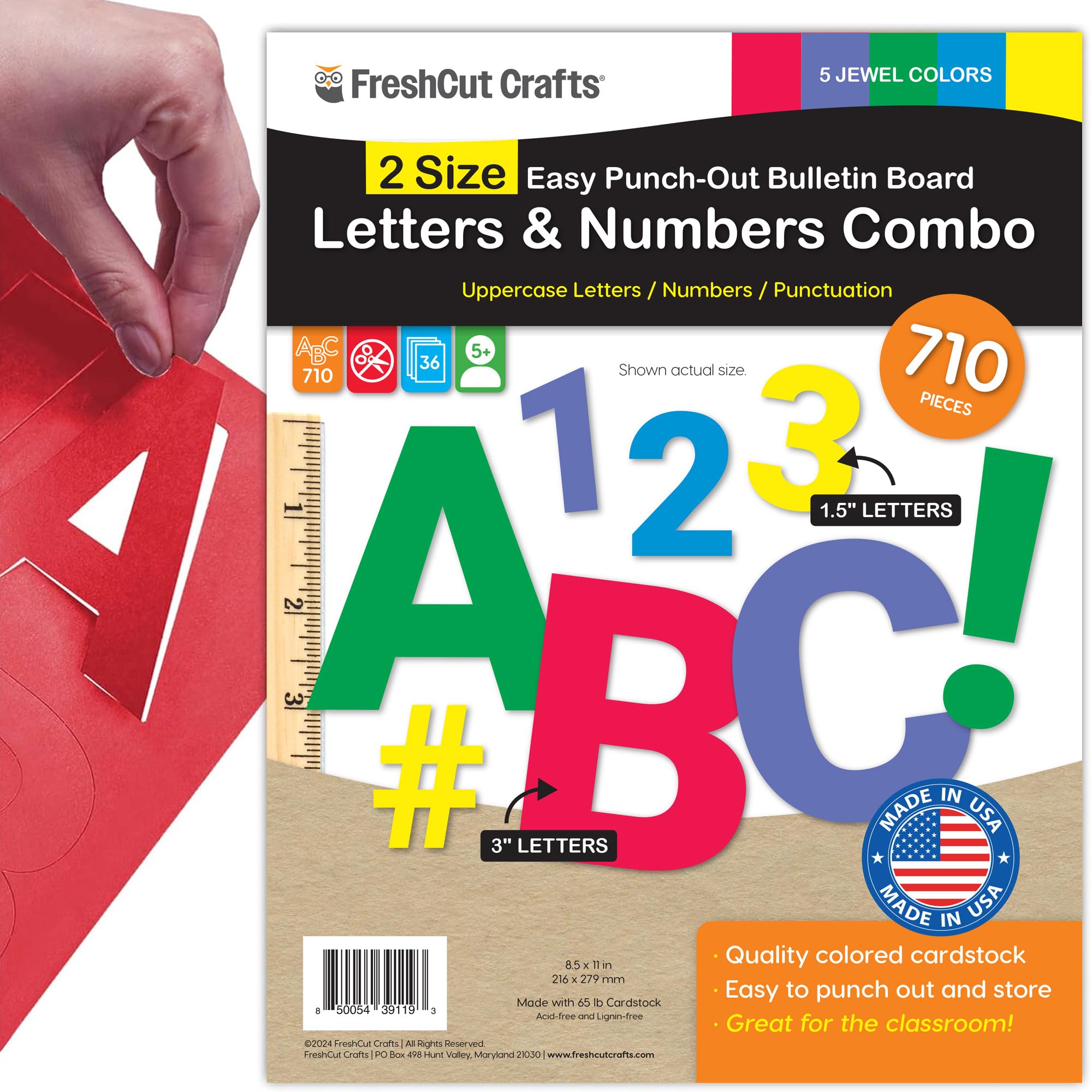 Combo Pack Large & Small Bulletin Board Letters & Numbers, Jewel Multicolored 1.5 & 3 in. US Made Capital Alphabet Letters, Numbers, Punctuation for