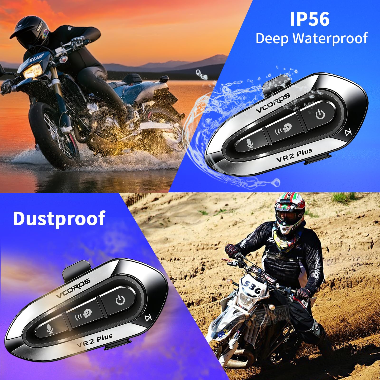 VCOROS Intercom Moto VR2 Plus,Système de Communication Bluetooth pour 2 Personne À Moins de 500m,IP56,Mode d'éclairage RGB,Kit Main Libre Moto,Soutien Contrôle Vocal Contrôle Musical (2Pack Hard Mic)