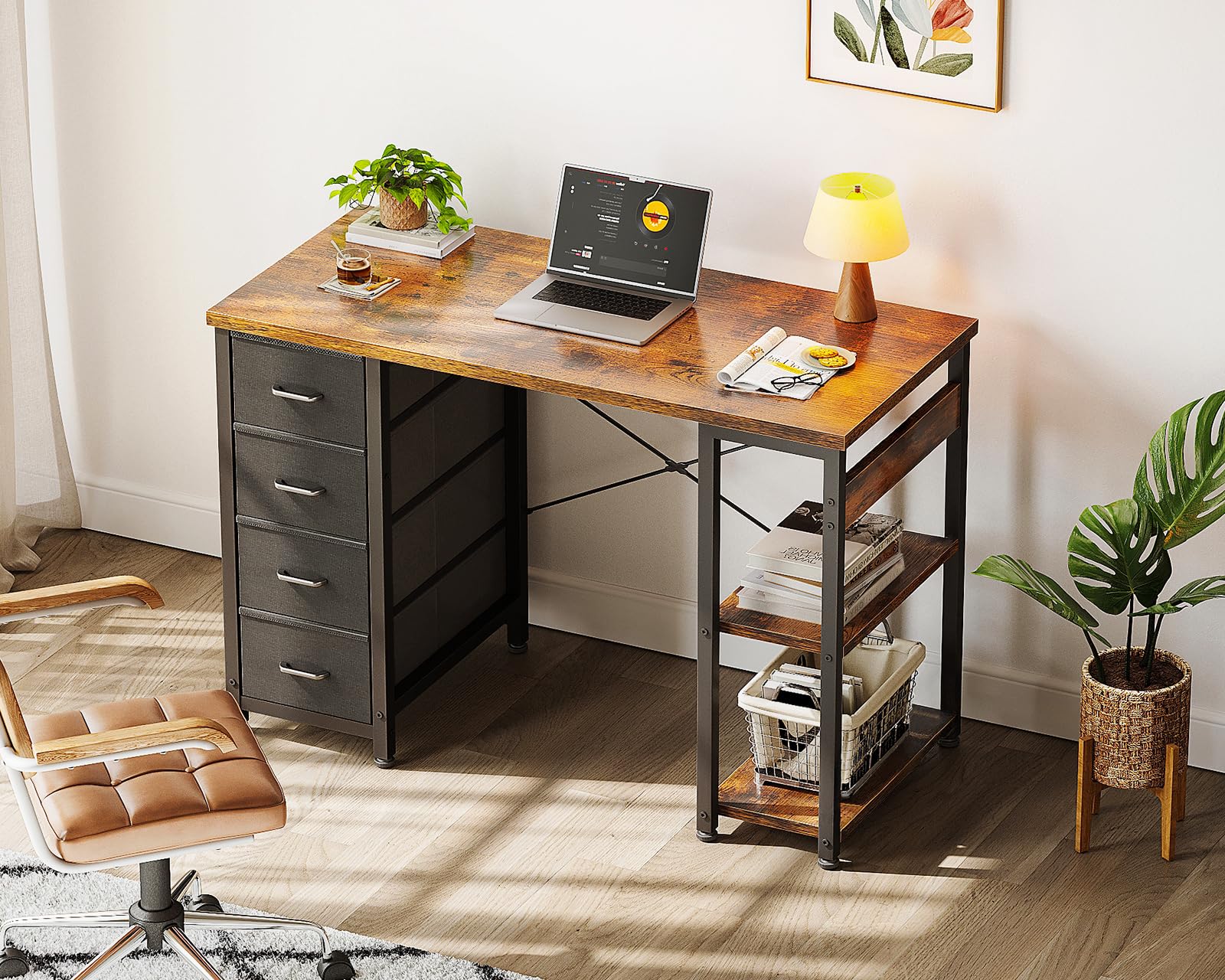 Coleshome Małe Biurko z 4 Szufladami z Tkaniny, 100x40cm Biurko z Odwracalnymi Półkami, Stół Komputerowy Stolik do Salonu i Domu, Brązowy